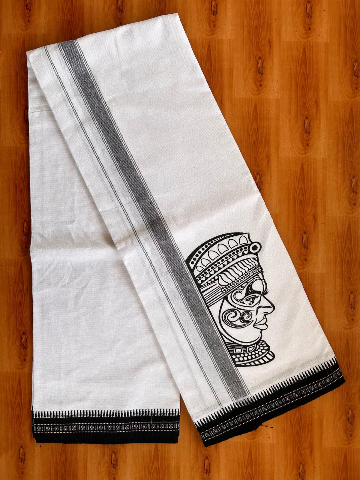 Single White Kaily / Lungi - Kerala Mund Polyster Mixed Cotton - (20s) - 2 inch Black Stripes Kathakali Printed Kara (2 meter / 4 muzham) - 9 KK8086 KUT