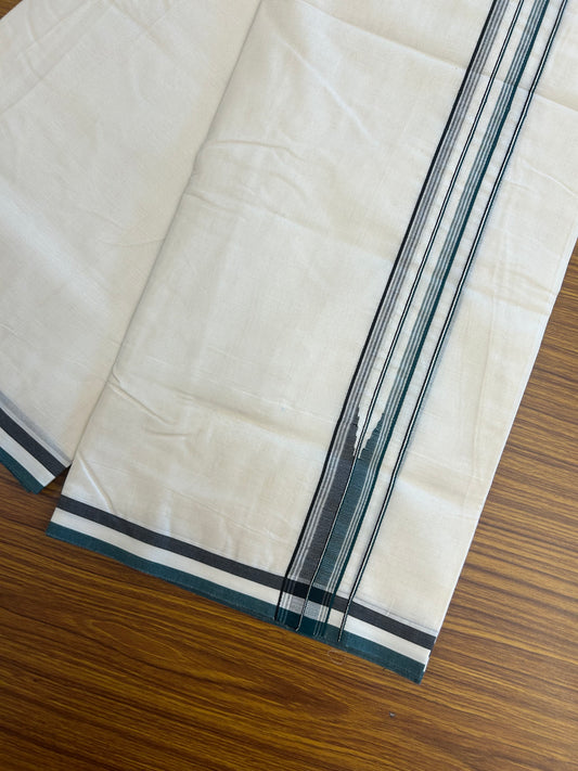 20% Discount ! KaithariKada 100% Cotton off white Double - (Unbleached) Mundu/Dhoti - 100X100 - 1.25 inch Puliyilakkara Black & Green Striped Chutty kara - 12 KK5346 ASH