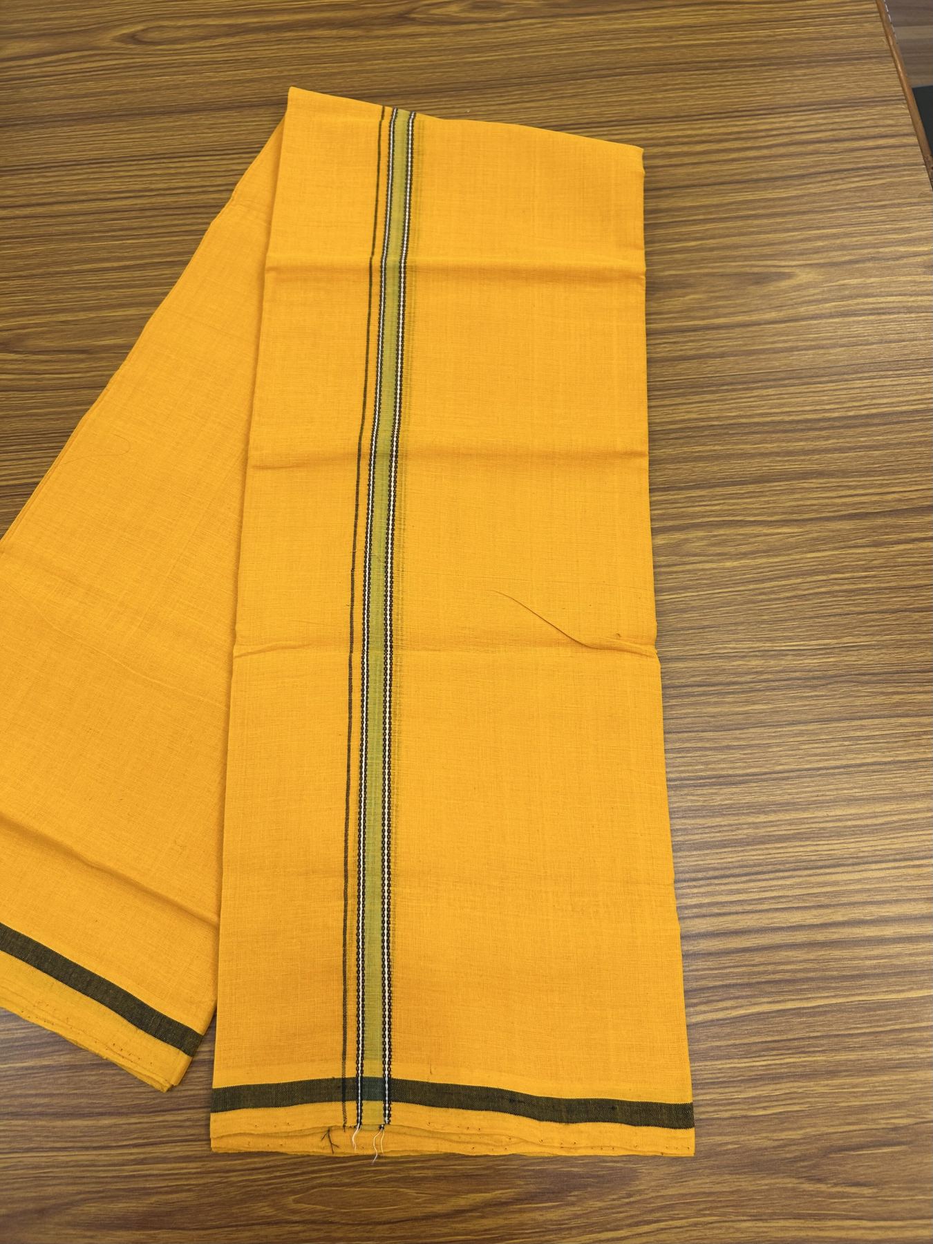 Handloom Single Hallmarked - 10% Discount !! KaithariKada 100% Pure Cotton - Mundu/Dhoti 0.75 inch Black Green Striped Kara with Light Orange colour Body - (2 meter / 4 muzham) - 19 KK8044 ELA