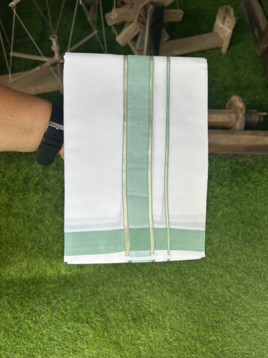 29% DISCOUNT! KaithariKada Balaramapuram 100% Mercerised Cotton Double ULTRA PURE white Mundu/Dhoti - 100x100  2.25 inch Silver Kasavu &  Light Pista green Kara - 29KK5108GAN