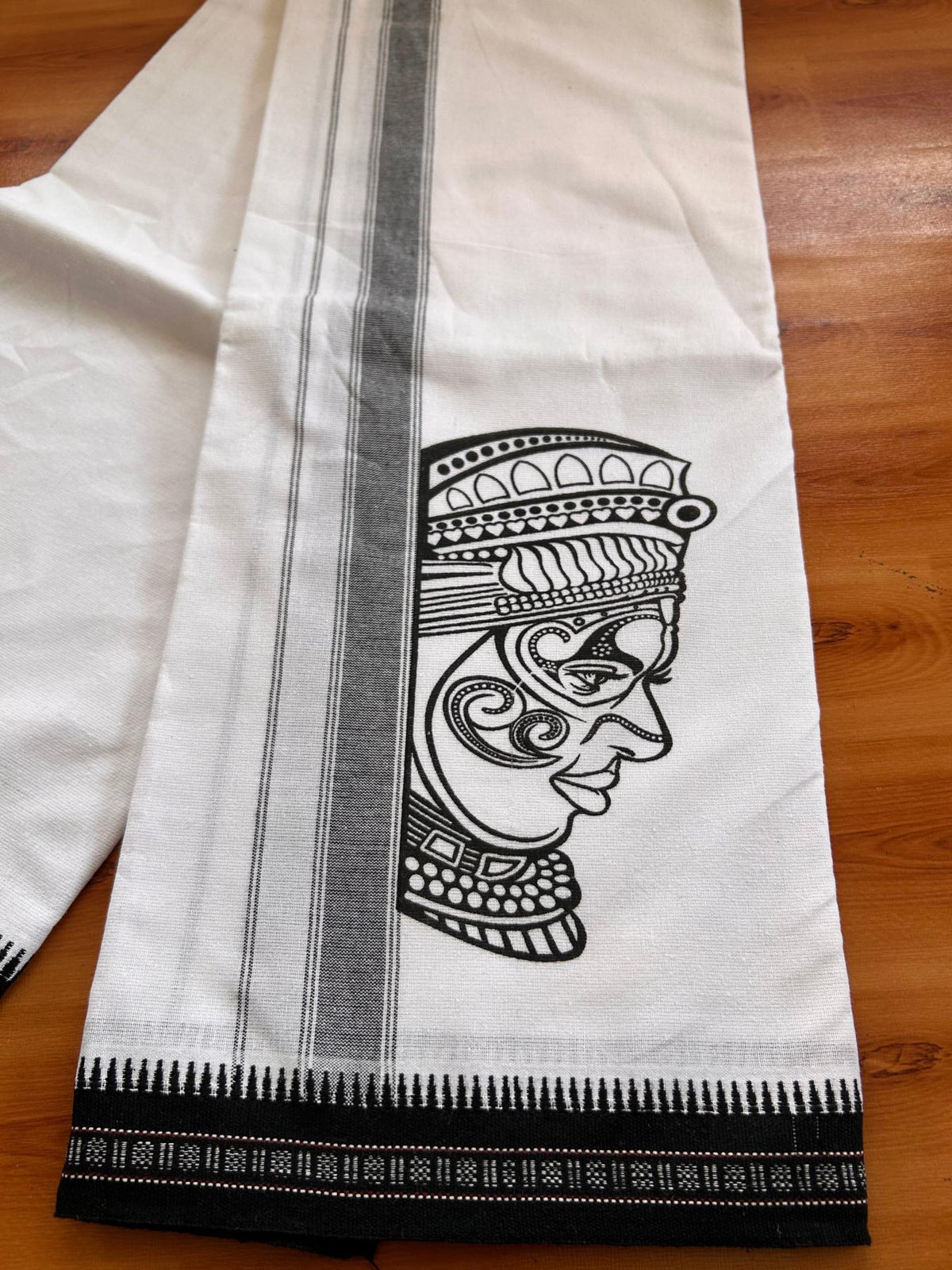 Single White Kaily / Lungi - Kerala Mund Polyster Mixed Cotton - (20s) - 2 inch Black Stripes Kathakali Printed Kara (2 meter / 4 muzham) - 9 KK8086 KUT