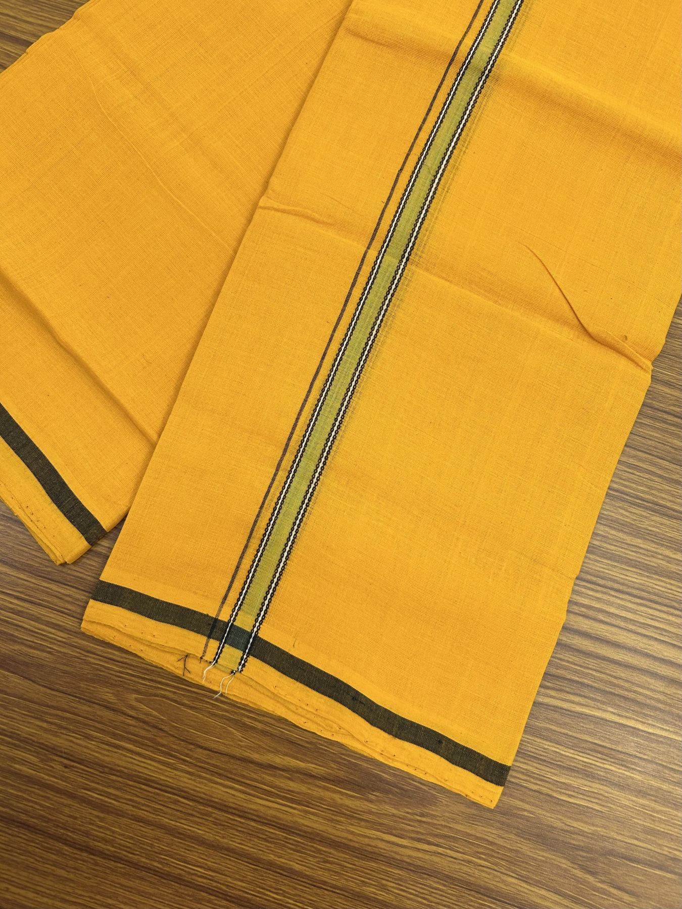 Handloom Single Hallmarked - 10% Discount !! KaithariKada 100% Pure Cotton - Mundu/Dhoti 0.75 inch Black Green Striped Kara with Light Orange colour Body - (2 meter / 4 muzham) - 19 KK8044 ELA