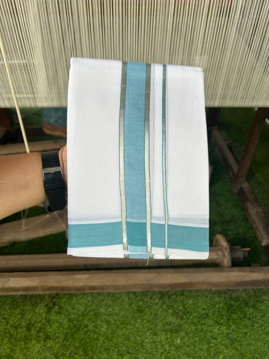 29% DISCOUNT! KaithariKada Balaramapuram 100% Mercerised Cotton Double ULTRA PURE white Mundu/Dhoti - 100x100  2.25 inch Silver Kasavu &  Turquoise blue Kara - 28KK5108GAN