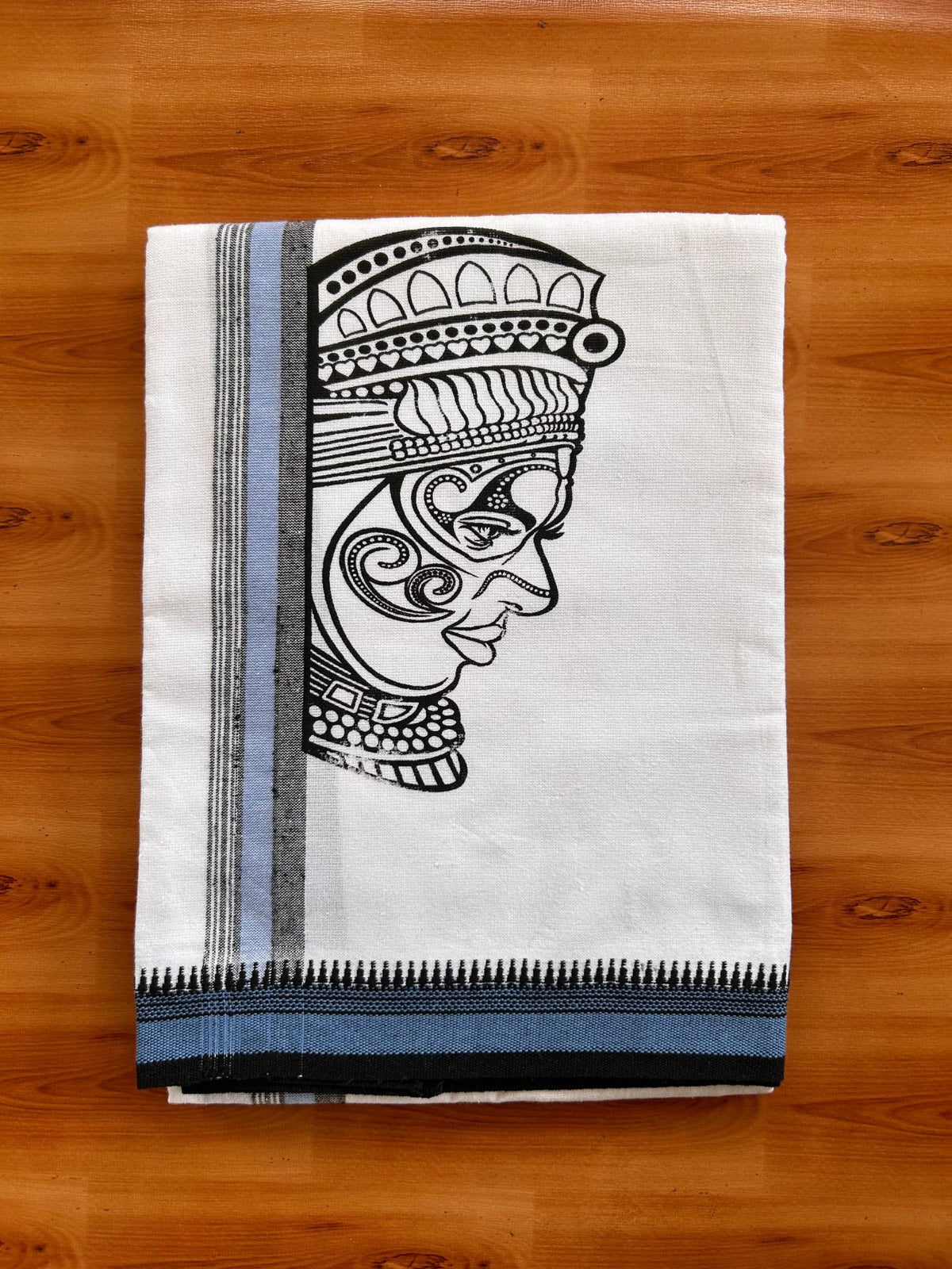 Single White Kaily / Lungi - Kerala Mund Polyster Mixed Cotton - (20s) - 2 inch Blue & Black Stripes Kathakali Printed Kara (2 meter / 4 muzham) - 6 KK8086 KUT