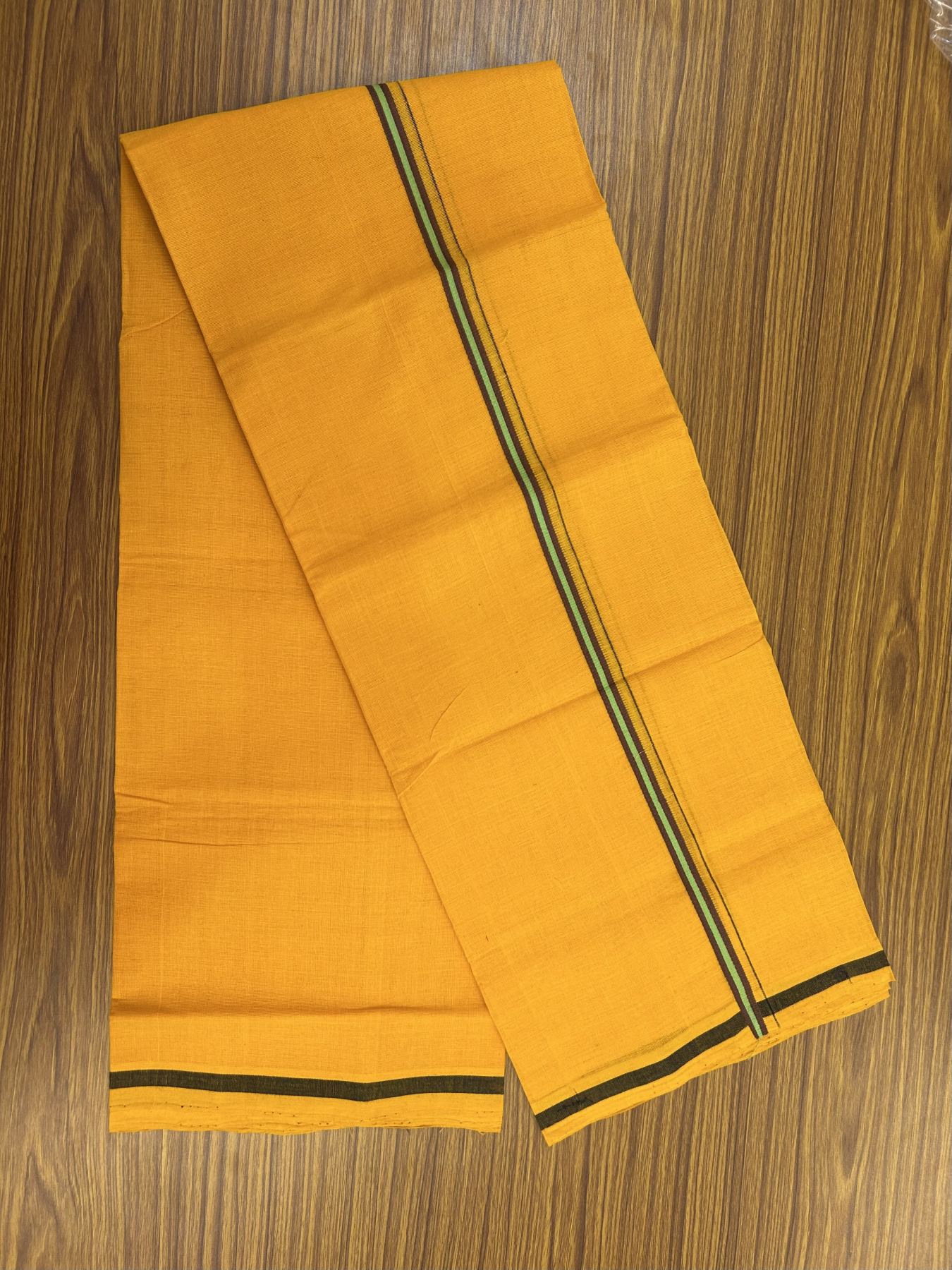 Handloom Single Hallmarked - 10% Discount !! KaithariKada 100% Pure Cotton - Mundu/Dhoti 1 cm Brown Green Kara with Light Orange colour Body - (2 meter / 4 muzham) - 20 KK8044 ELA