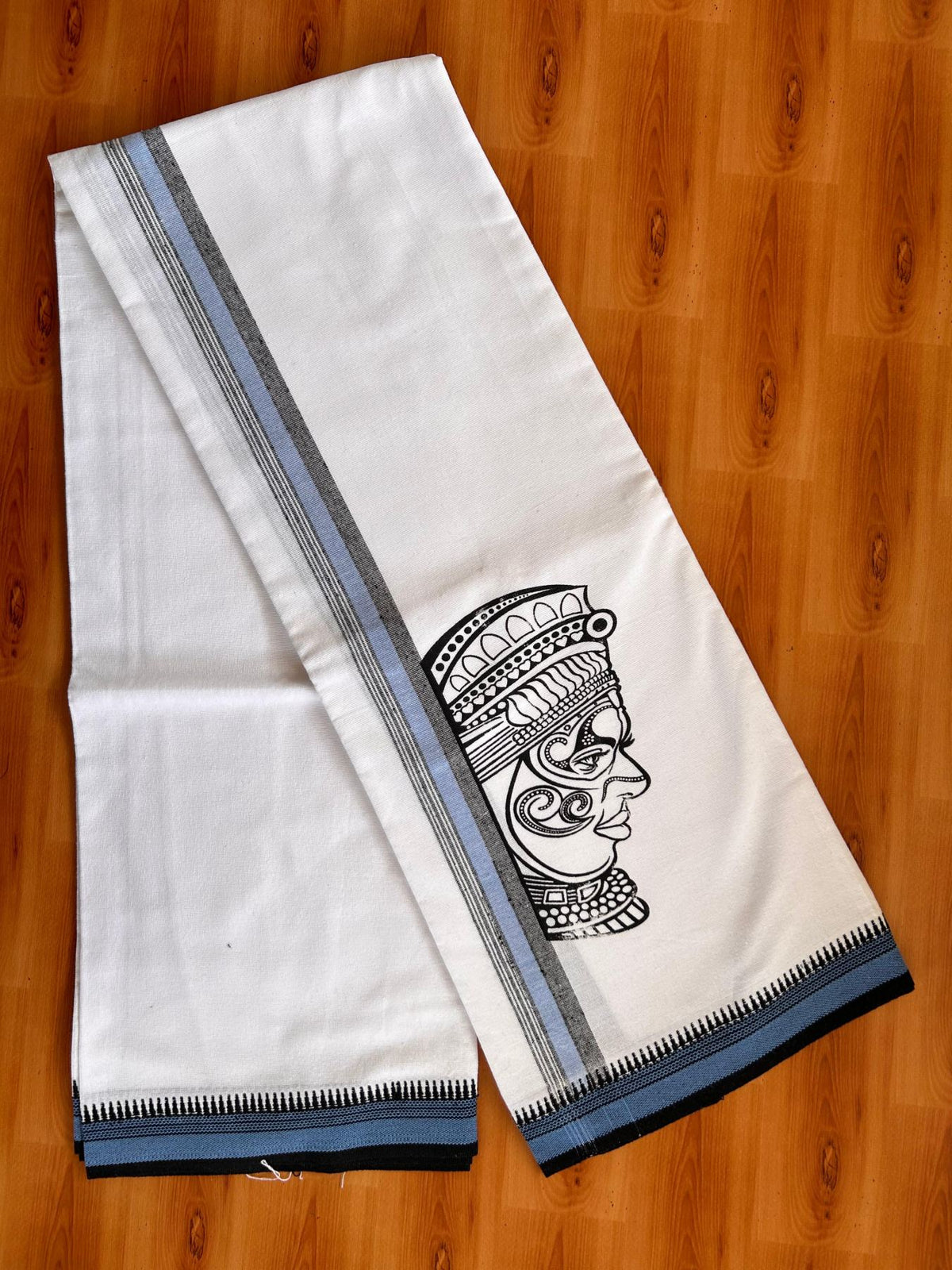 Single White Kaily / Lungi - Kerala Mund Polyster Mixed Cotton - (20s) - 2 inch Blue & Black Stripes Kathakali Printed Kara (2 meter / 4 muzham) - 6 KK8086 KUT