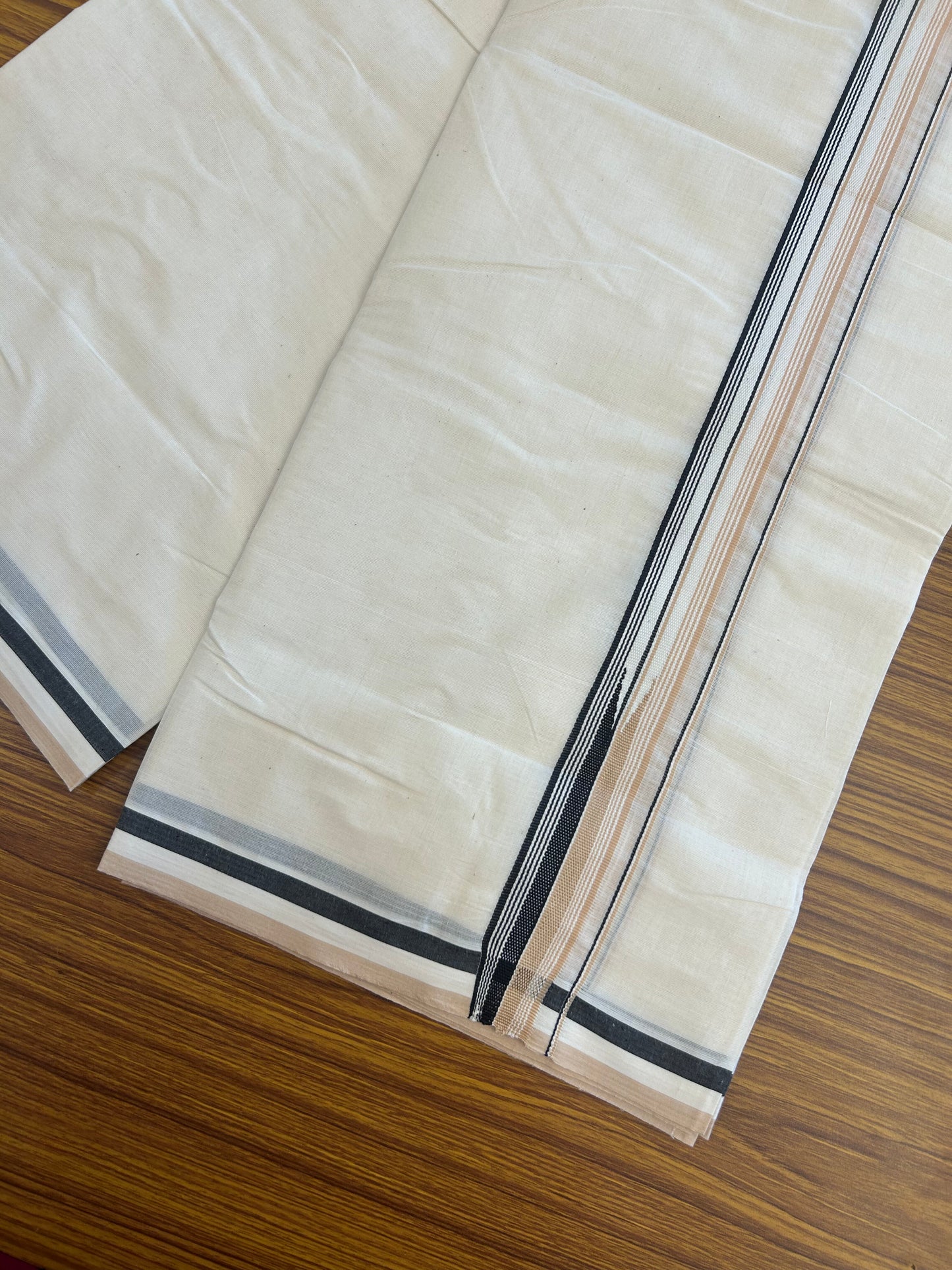 20% Discount ! KaithariKada 100% Cotton off white Double - (Unbleached) Mundu/Dhoti - 100X100 - 1.25 inch Puliyilakkara Black & Cream Striped Chutty kara - 8 KK5346 ASH