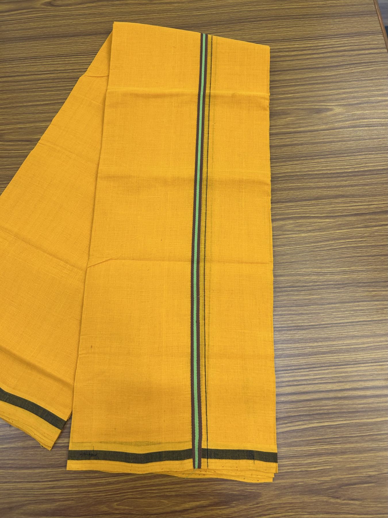 Handloom Single Hallmarked - 10% Discount !! KaithariKada 100% Pure Cotton - Mundu/Dhoti 1 cm Brown Green Kara with Light Orange colour Body - (2 meter / 4 muzham) - 20 KK8044 ELA
