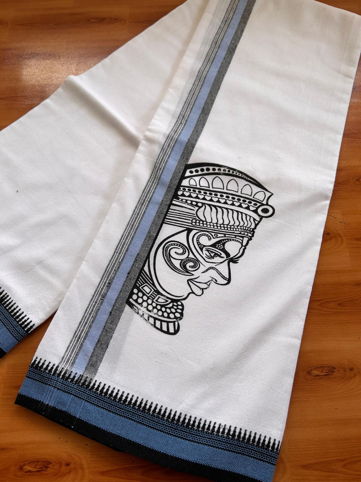 Single White Kaily / Lungi - Kerala Mund Polyster Mixed Cotton - (20s) - 2 inch Blue & Black Stripes Kathakali Printed Kara (2 meter / 4 muzham) - 6 KK8086 KUT