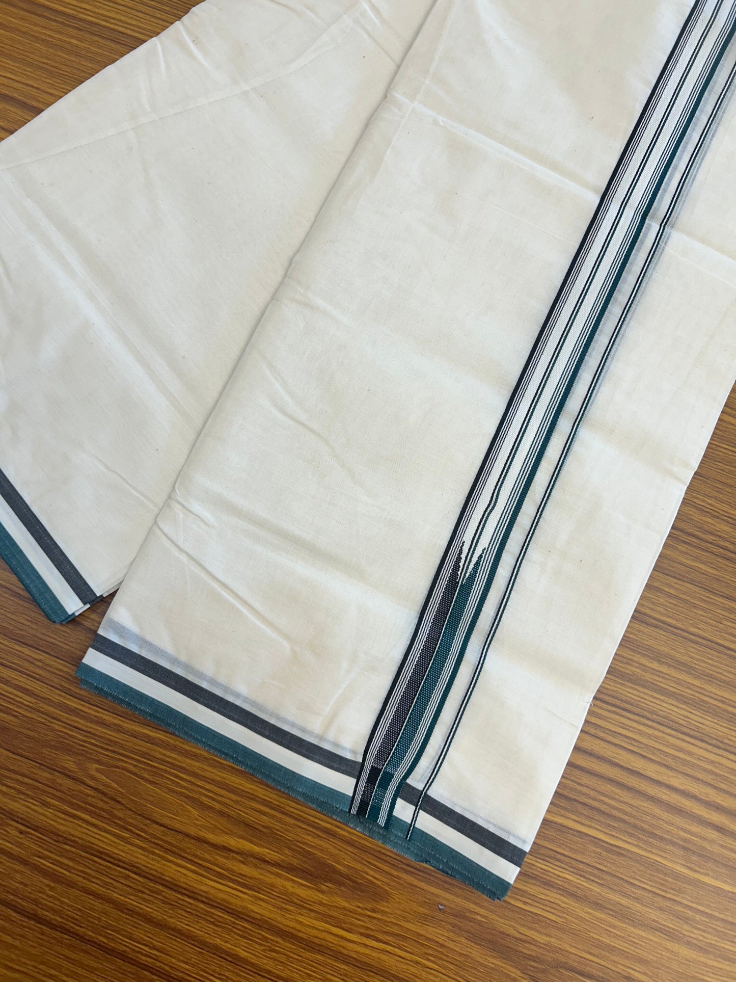 20% Discount ! KaithariKada 100% Cotton off white Double - (Unbleached) Mundu/Dhoti - 100X100 - 1.25 inch Puliyilakkara Black & Green Striped Chutty kara - 9 KK5346 ASH