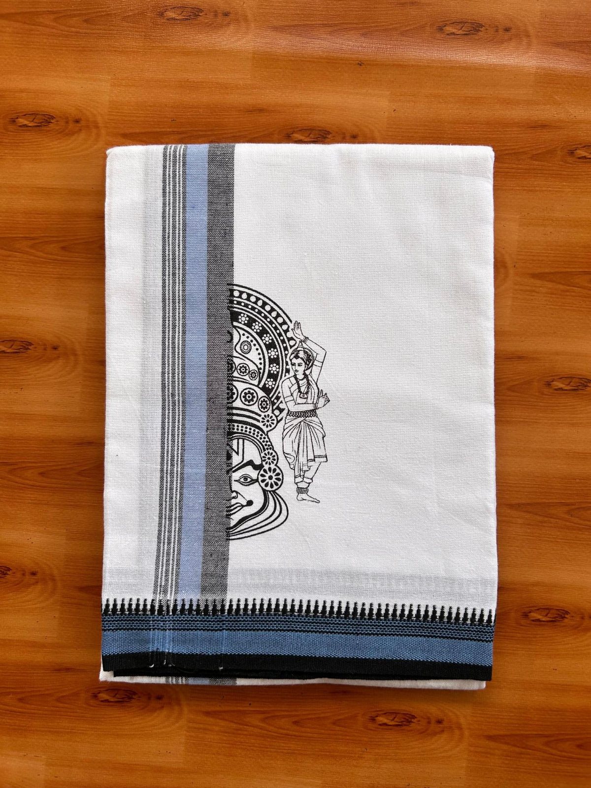 Single White Kaily / Lungi - Kerala Mund Polyster Mixed Cotton - (20s) - 2 inch Blue & Black Stripes Kathakali Printed Kara (2 meter / 4 muzham) - 5 KK8086 KUT