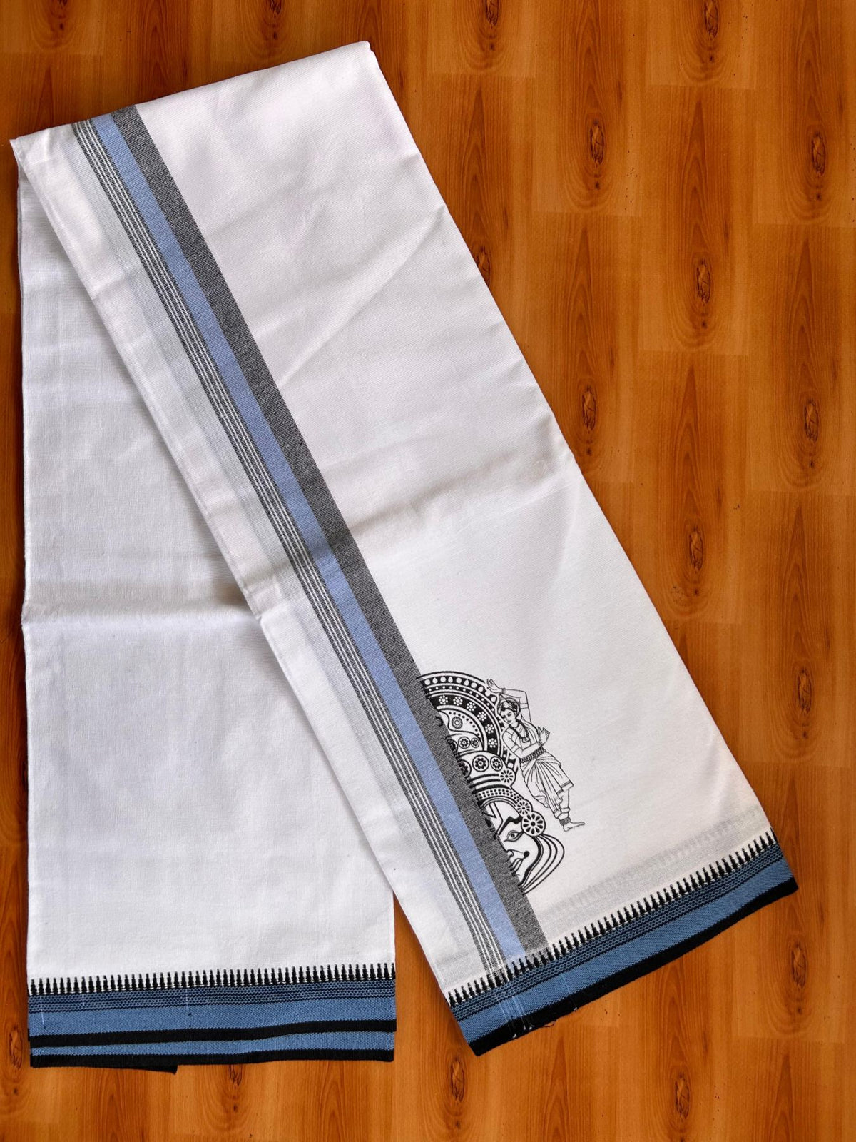 Single White Kaily / Lungi - Kerala Mund Polyster Mixed Cotton - (20s) - 2 inch Blue & Black Stripes Kathakali Printed Kara (2 meter / 4 muzham) - 5 KK8086 KUT