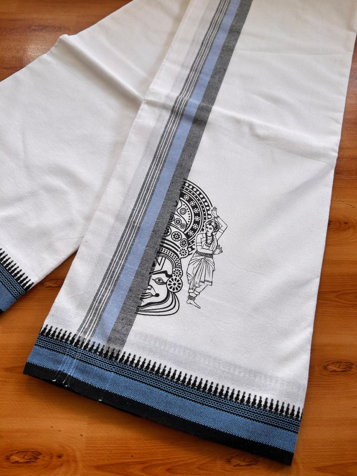 Single White Kaily / Lungi - Kerala Mund Polyster Mixed Cotton - (20s) - 2 inch Blue & Black Stripes Kathakali Printed Kara (2 meter / 4 muzham) - 5 KK8086 KUT