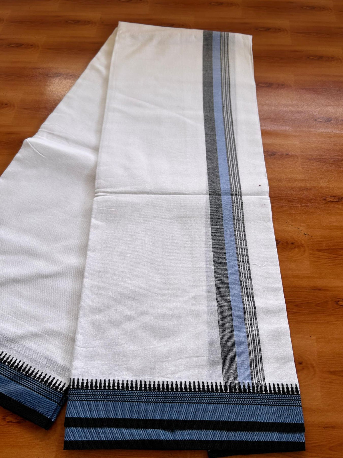 Single White Kaily / Lungi - Kerala Mund Polyster Mixed Cotton - (20s) - 2 inch Blue & Black Stripes Kathakali Printed Kara (2 meter / 4 muzham) - 5 KK8086 KUT