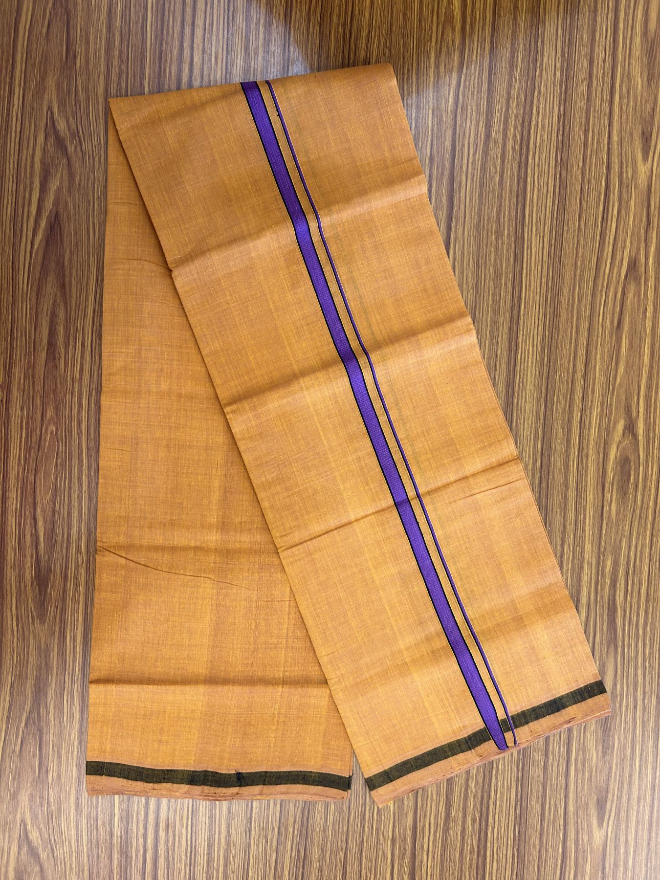 Handloom Single Hallmarked - 10% Discount ! KaithariKada 100% Pure Cotton - Mundu/Dhoti 0.5 inch Violet & Black Kara with Kavi colour Body - (2 meter / 4 muzham) - 69 KK8044 ELA
