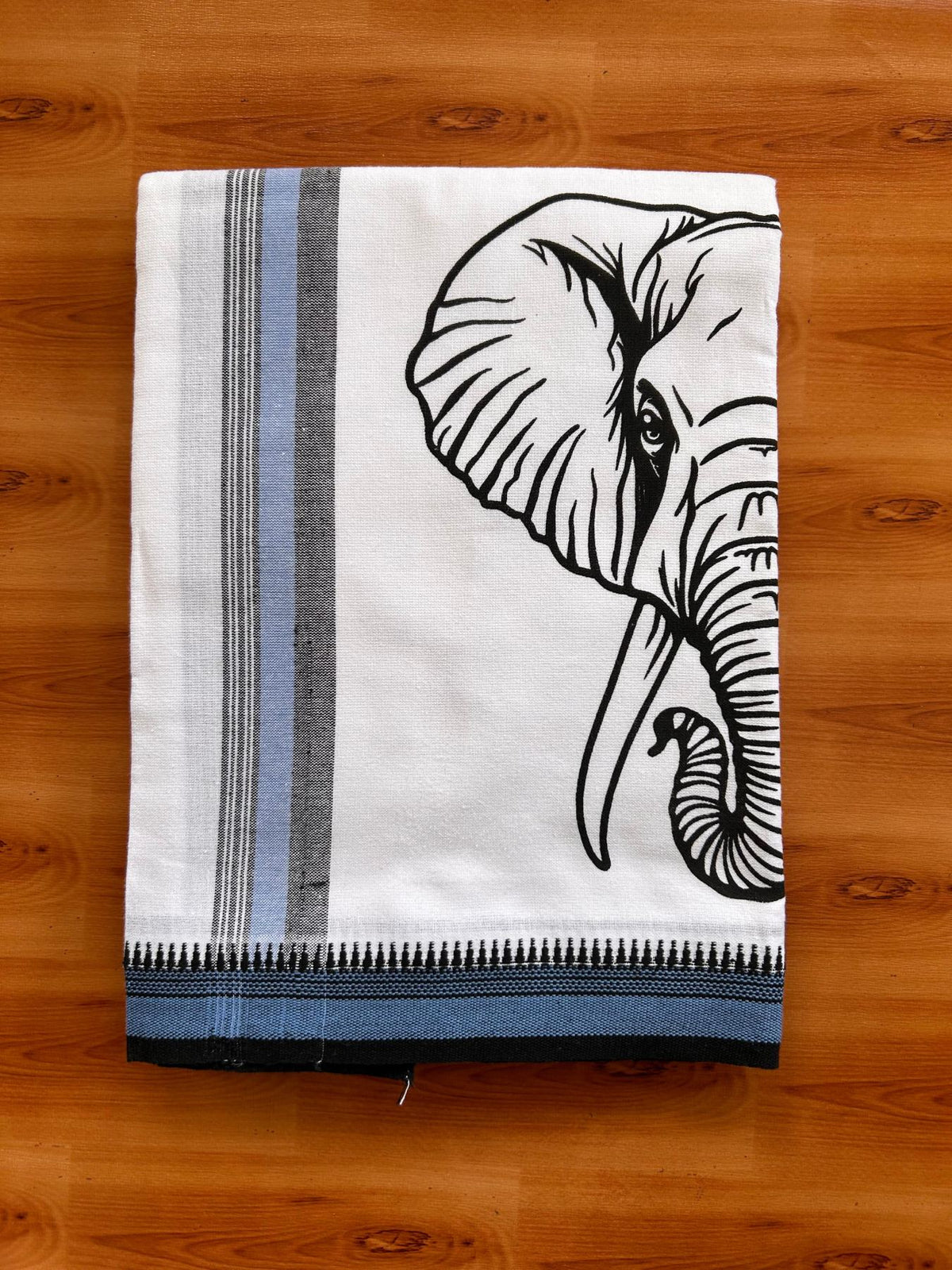 Single White Kaily / Lungi - Kerala Mund Polyster Mixed Cotton - (20s) - 2 inch Blue & Black Stripes Elephant Printed Kara (2 meter / 4 muzham) - 7 KK8086 KUT