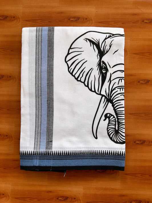 Single White Kaily / Lungi - Kerala Mund Polyster Mixed Cotton - (20s) - 2 inch Blue & Black Stripes Elephant Printed Kara (2 meter / 4 muzham) - 7 KK8086 KUT