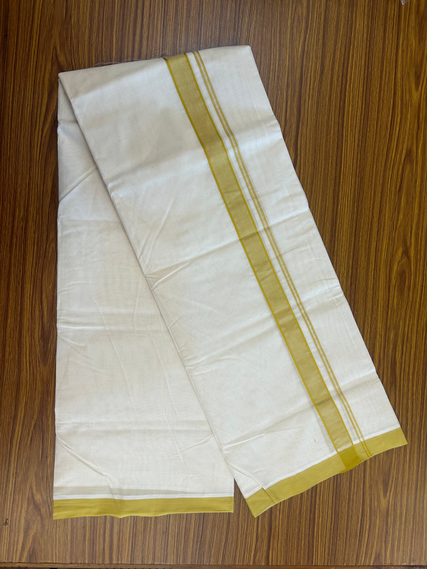 20% Discount KaithariKada Balaramapuram 100% Cotton Double Off white - (Unbleached) - Mundu/Dhoti - 100x100 - 1.25 inch Mustard Yellow Kara - 4 mtr (8.5 Muzham) - 5 KK5346 ASH