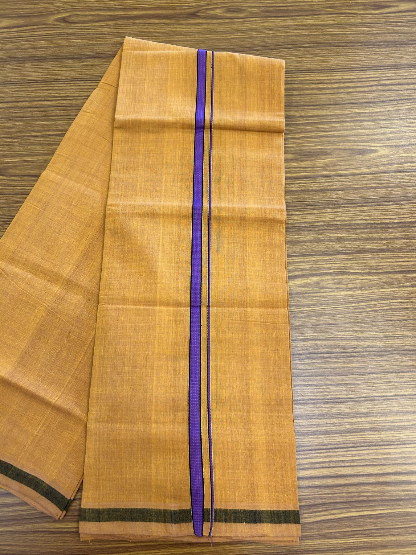 Handloom Single Hallmarked - 10% Discount ! KaithariKada 100% Pure Cotton - Mundu/Dhoti 0.5 inch Violet & Black Kara with Kavi colour Body - (2 meter / 4 muzham) - 69 KK8044 ELA