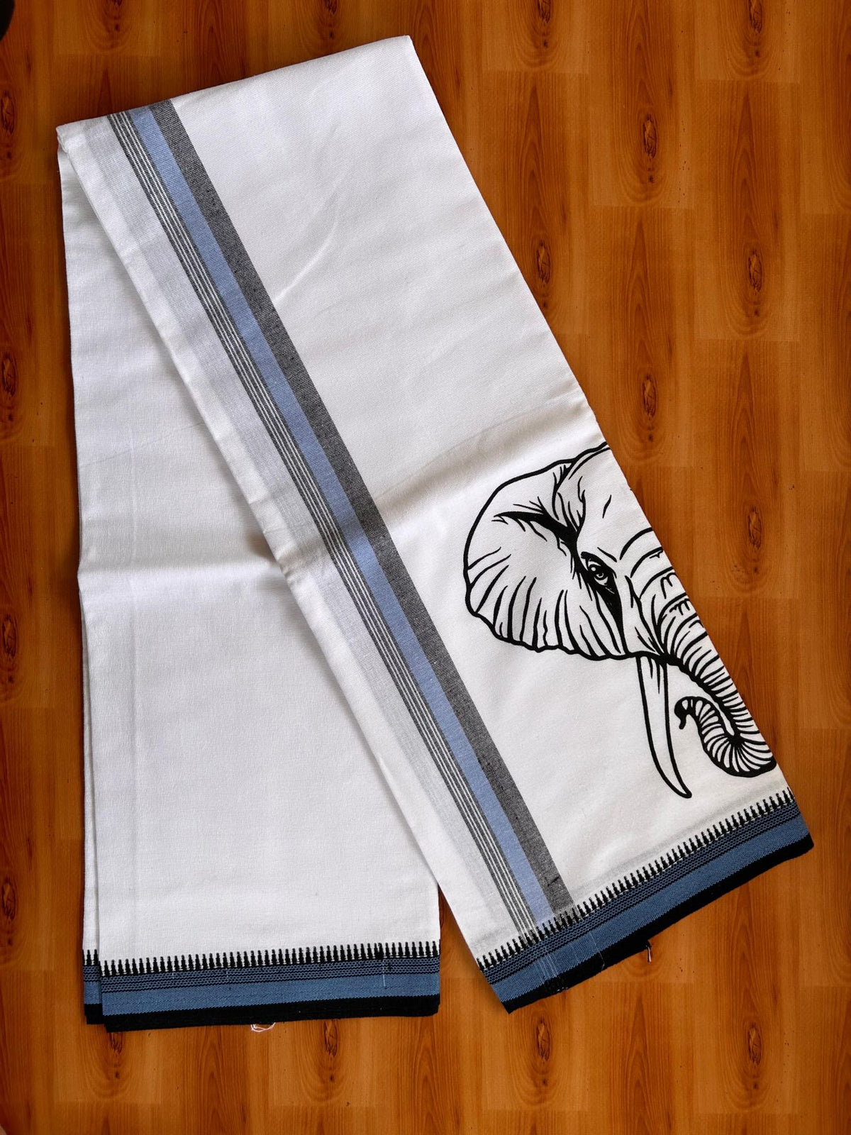 Single White Kaily / Lungi - Kerala Mund Polyster Mixed Cotton - (20s) - 2 inch Blue & Black Stripes Elephant Printed Kara (2 meter / 4 muzham) - 7 KK8086 KUT