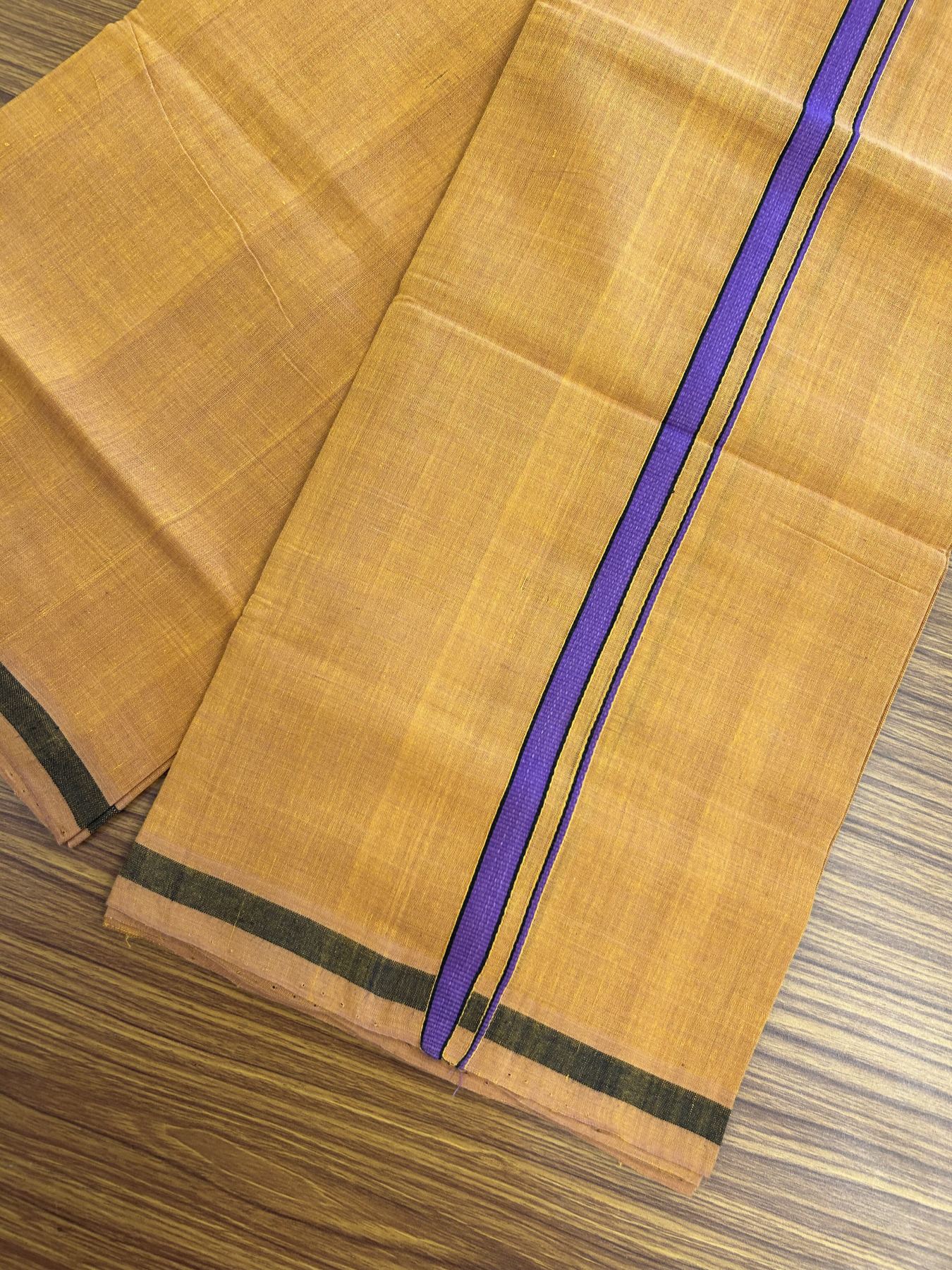 Handloom Single Hallmarked - 10% Discount ! KaithariKada 100% Pure Cotton - Mundu/Dhoti 0.5 inch Violet & Black Kara with Kavi colour Body - (2 meter / 4 muzham) - 69 KK8044 ELA