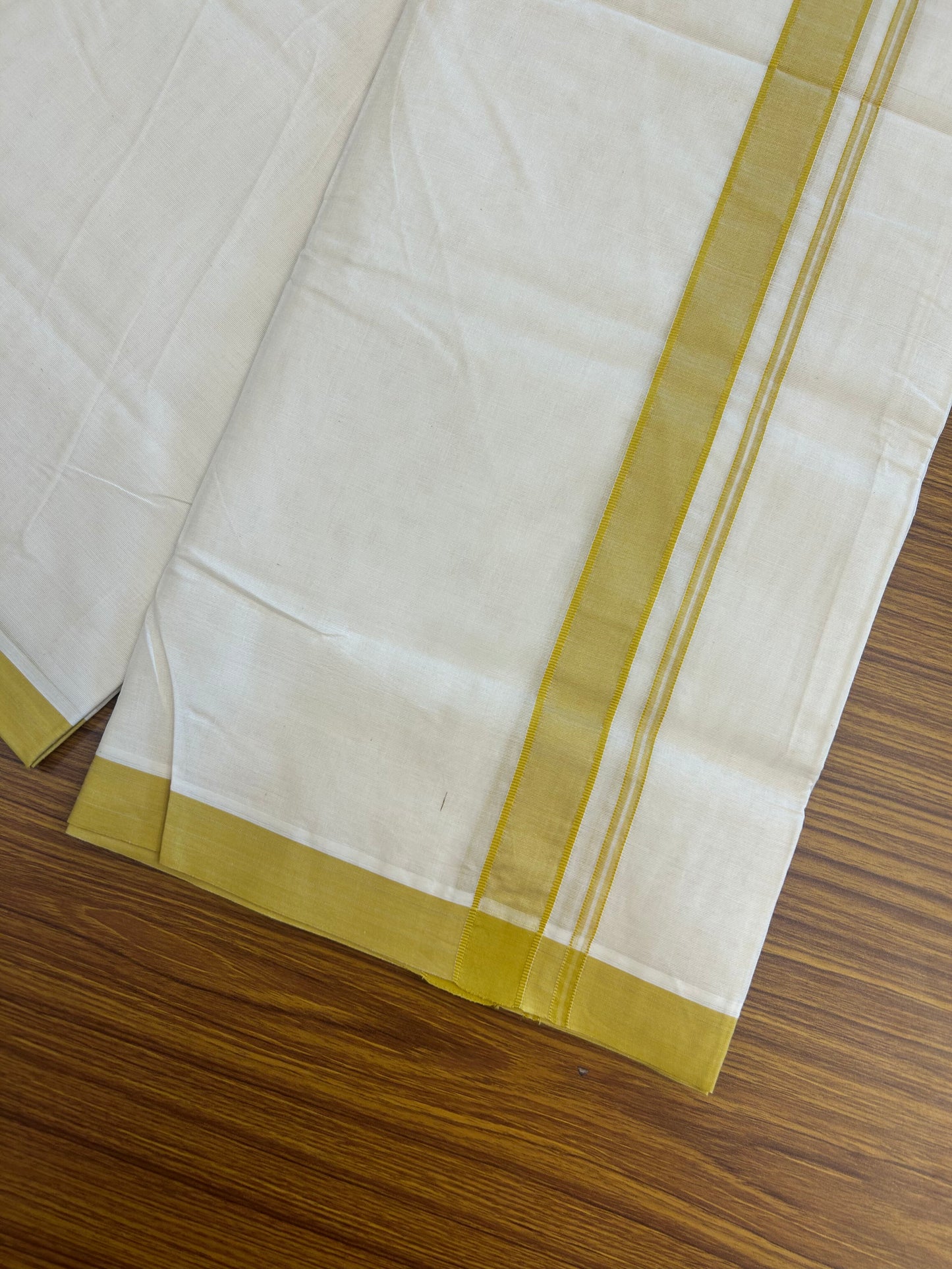 20% Discount KaithariKada Balaramapuram 100% Cotton Double Off white - (Unbleached) - Mundu/Dhoti - 100x100 - 1.25 inch Mustard Yellow Kara - 4 mtr (8.5 Muzham) - 5 KK5346 ASH