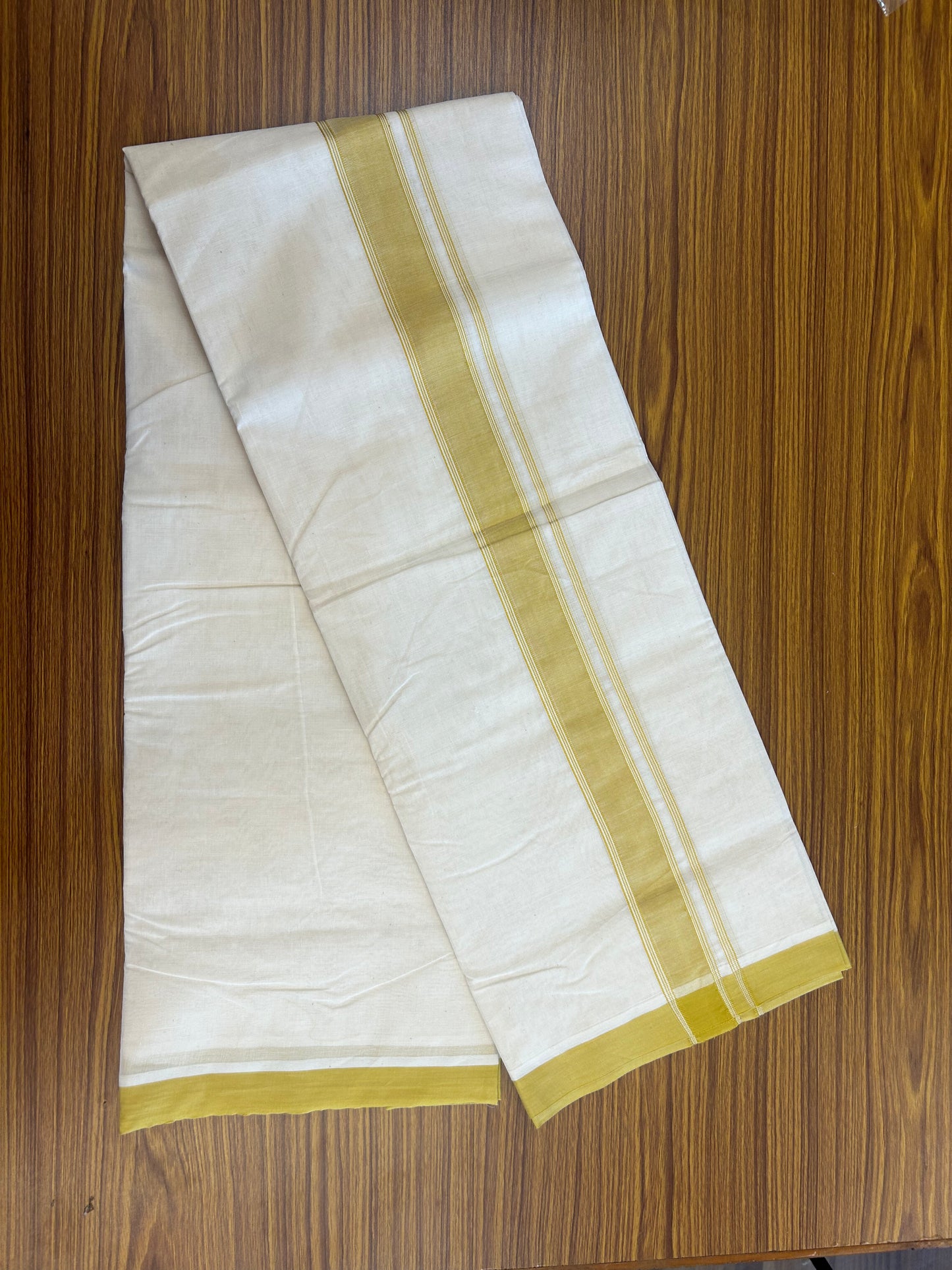20% Discount KaithariKada Balaramapuram 100% Cotton Double Off white - (Unbleached) - Mundu/Dhoti - 100x80 - 1.5 inch Mustard Yellow Striped Kara - 3.90 mtr (8 Muzham) - 15 KK5346 ASH