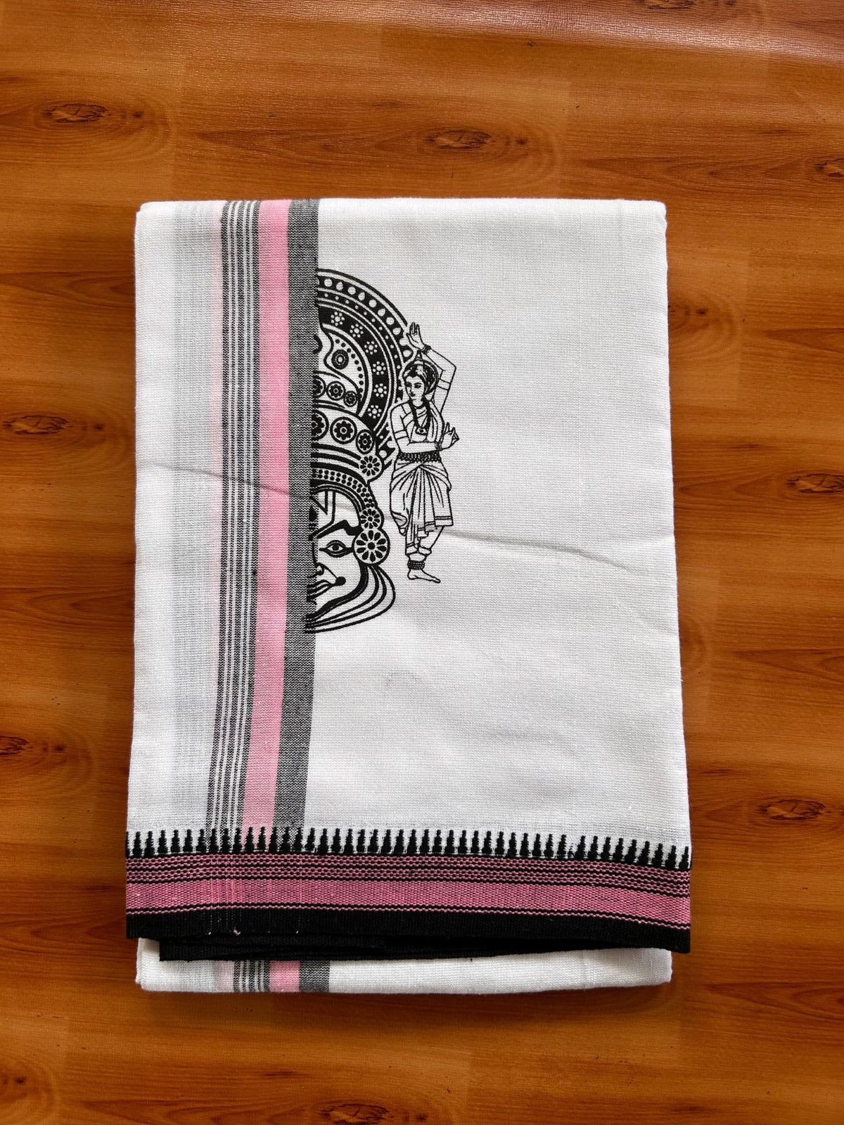 Single White Kaily / Lungi - Kerala Mund Polyster Mixed Cotton - (20s) - 2 inch Pink & Black Stripes Kathakali Printed Kara (2 meter / 4 muzham) - 3 KK8086 KUT