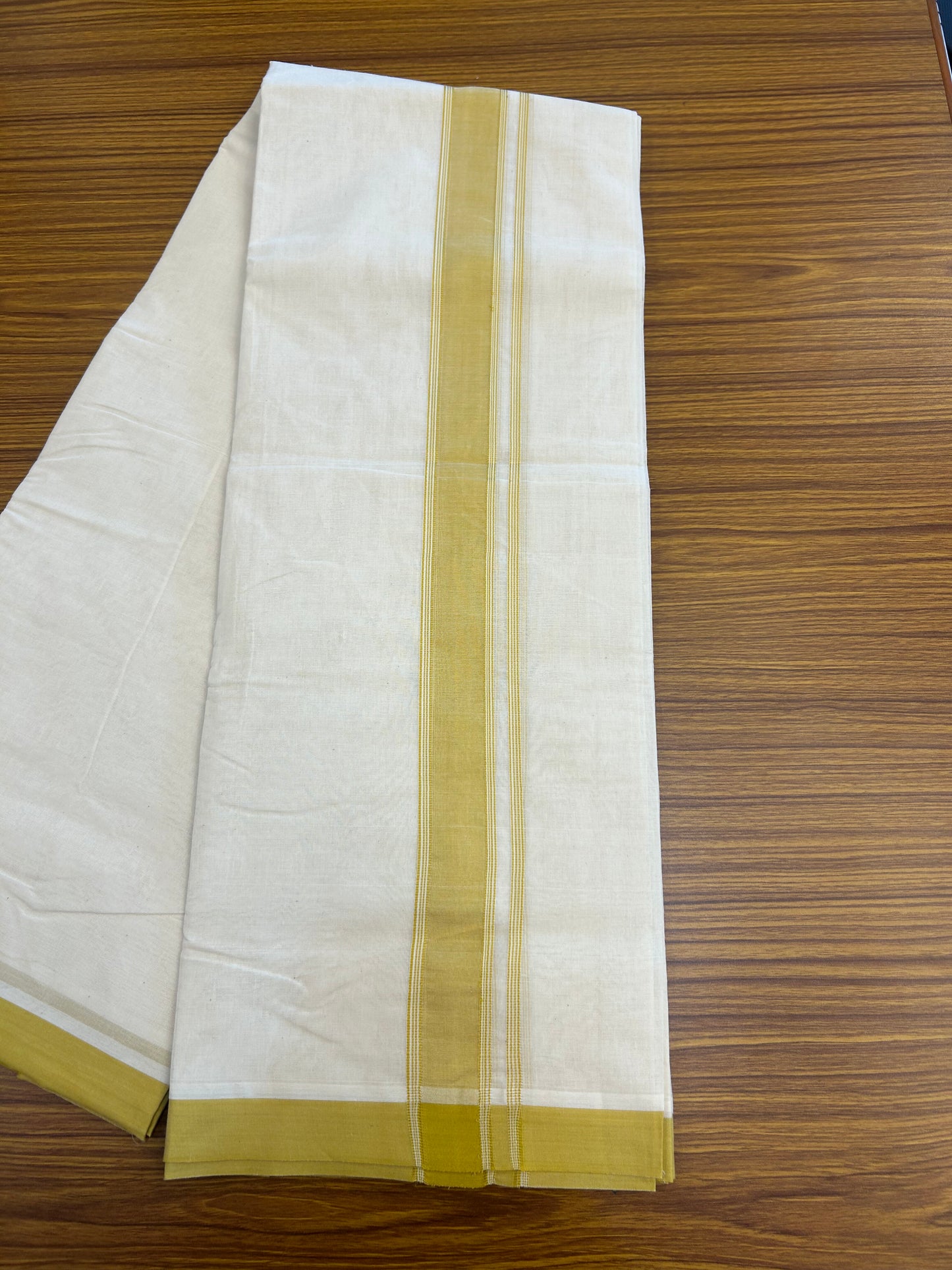 20% Discount KaithariKada Balaramapuram 100% Cotton Double Off white - (Unbleached) - Mundu/Dhoti - 100x80 - 1.5 inch Mustard Yellow Striped Kara - 3.90 mtr (8 Muzham) - 15 KK5346 ASH