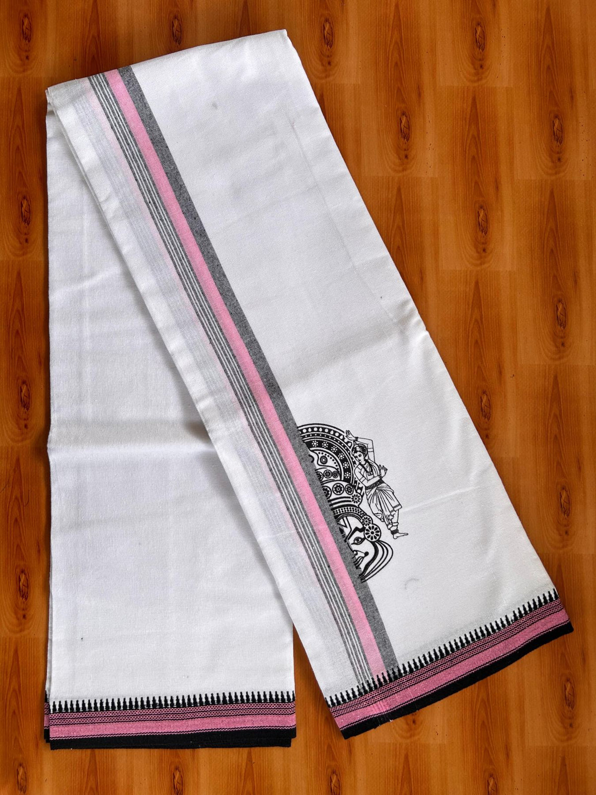 Single White Kaily / Lungi - Kerala Mund Polyster Mixed Cotton - (20s) - 2 inch Pink & Black Stripes Kathakali Printed Kara (2 meter / 4 muzham) - 3 KK8086 KUT