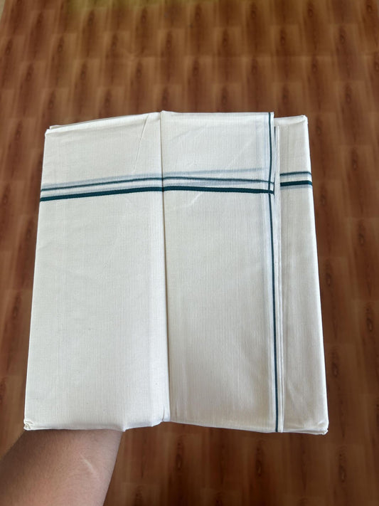 20% Discount! KaithariKada Balaramapuram 100% Cotton Double Off white - (Unbleached) - Mundu/Dhoti-100x80 - 0.3 cm Green Thin Kara 4.07 mtr (8.72 Muzham) - 83 KK5382 VIN