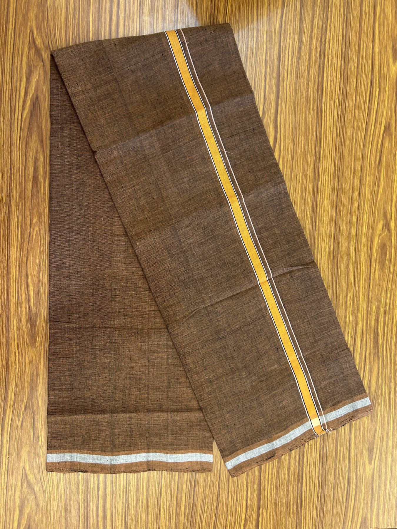 Handloom Single Hallmarked - 10% Discount ! KaithariKada 100% Pure Cotton - Mundu/Dhoti 0.5 inch Light Orange & Black white striped kara with Brown colour Body - (2 meter / 4 muzham) - 87 KK8044 ELA