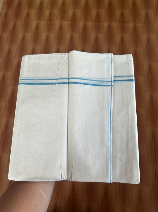 20% Discount! KaithariKada Balaramapuram 100% Cotton Double Off white - (Unbleached) - Mundu/Dhoti-100x80 - 0.3 cm Teal Blue Thin Kara  4.07 mtr (8.72 Muzham) - 80 KK5382 VIN