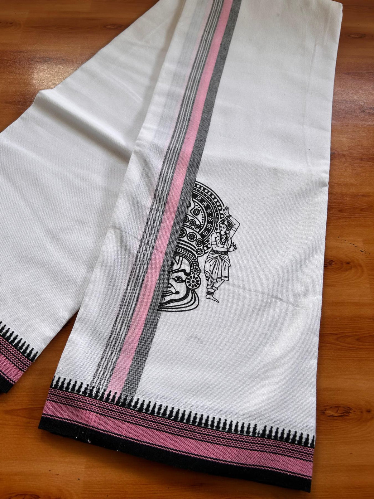 Single White Kaily / Lungi - Kerala Mund Polyster Mixed Cotton - (20s) - 2 inch Pink & Black Stripes Kathakali Printed Kara (2 meter / 4 muzham) - 3 KK8086 KUT