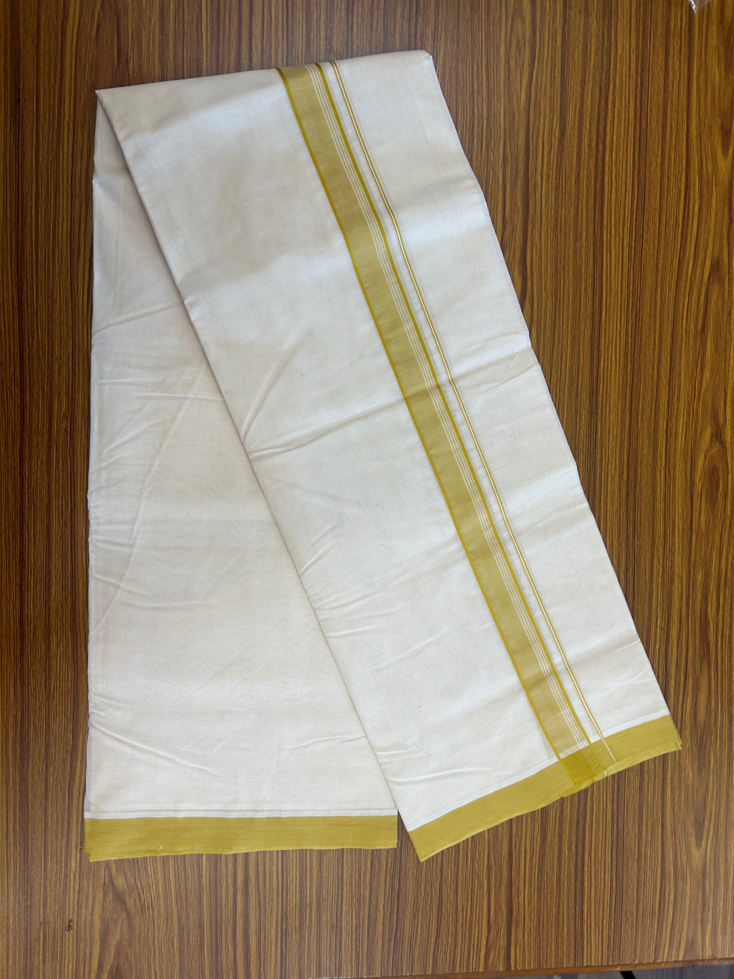 20% Discount KaithariKada Balaramapuram 100% Cotton Double Off white - (Unbleached) - Mundu/Dhoti - 100x100 - 1.25 inch Mustard Yellow Striped Kara - 4 mtr (8.5 Muzham) - 7 KK5346 ASH