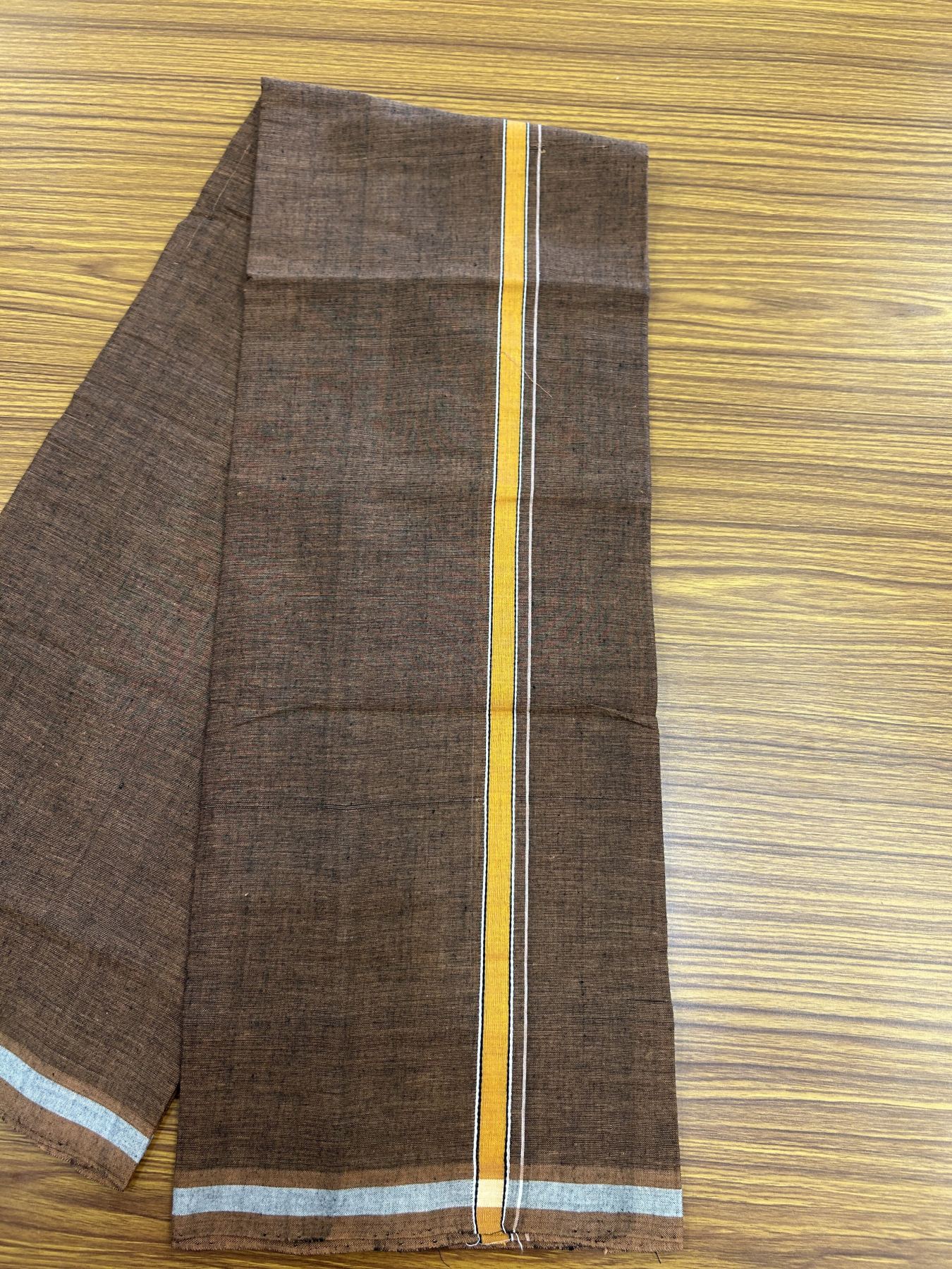 Handloom Single Hallmarked - 10% Discount ! KaithariKada 100% Pure Cotton - Mundu/Dhoti 0.5 inch Light Orange & Black white striped kara with Brown colour Body - (2 meter / 4 muzham) - 87 KK8044 ELA
