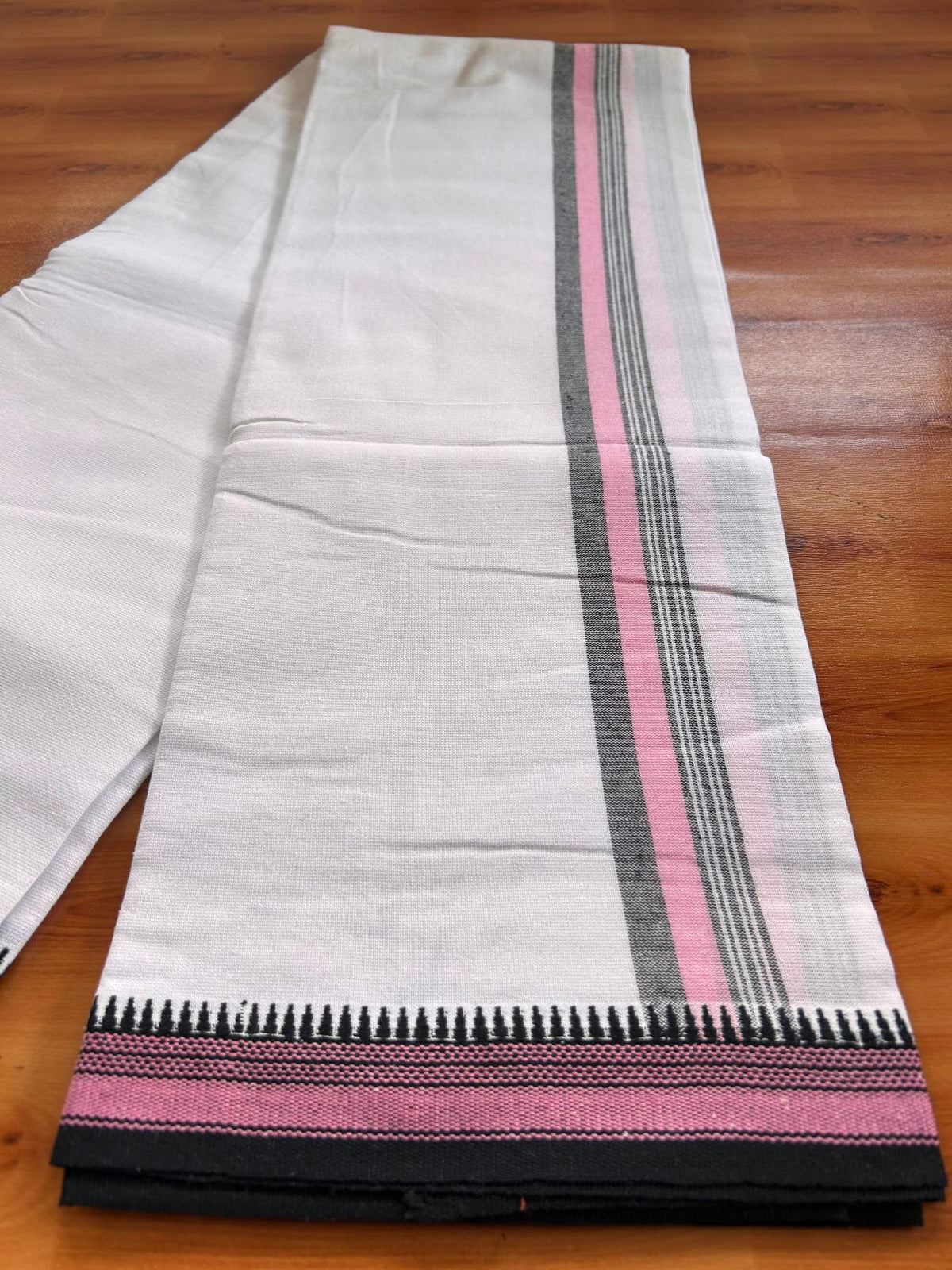 Single White Kaily / Lungi - Kerala Mund Polyster Mixed Cotton - (20s) - 2 inch Pink & Black Stripes Kathakali Printed Kara (2 meter / 4 muzham) - 3 KK8086 KUT