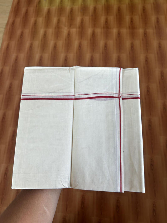 20% Discount! KaithariKada Balaramapuram 100% Cotton Double Off white - (Unbleached) - Mundu/Dhoti-100x80 - 0.3 cm Red Thin Kara 4 mtr (8.5 Muzham) - 84 KK5382 VIN