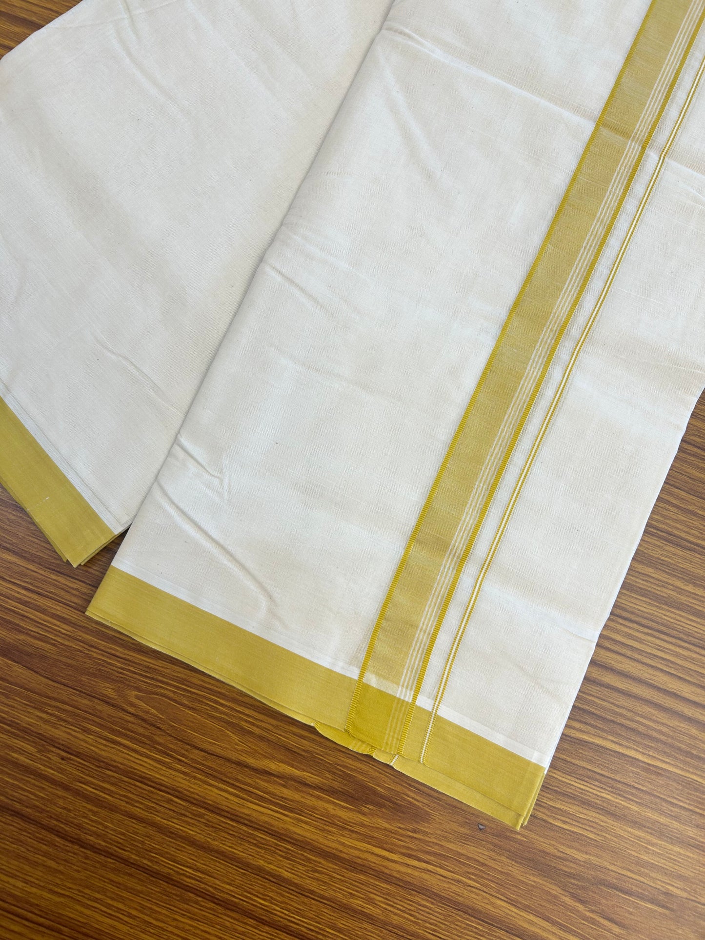 20% Discount KaithariKada Balaramapuram 100% Cotton Double Off white - (Unbleached) - Mundu/Dhoti - 100x100 - 1.25 inch Mustard Yellow Striped Kara - 4 mtr (8.5 Muzham) - 7 KK5346 ASH