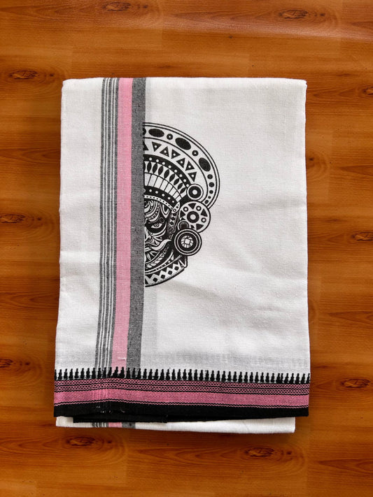 Single White Kaily / Lungi - Kerala Mund Polyster Mixed Cotton - (20s) - 2 inch Pink & Black Stripes Theyyam Printed Kara (2 meter / 4 muzham) - 4 KK8086 KUT