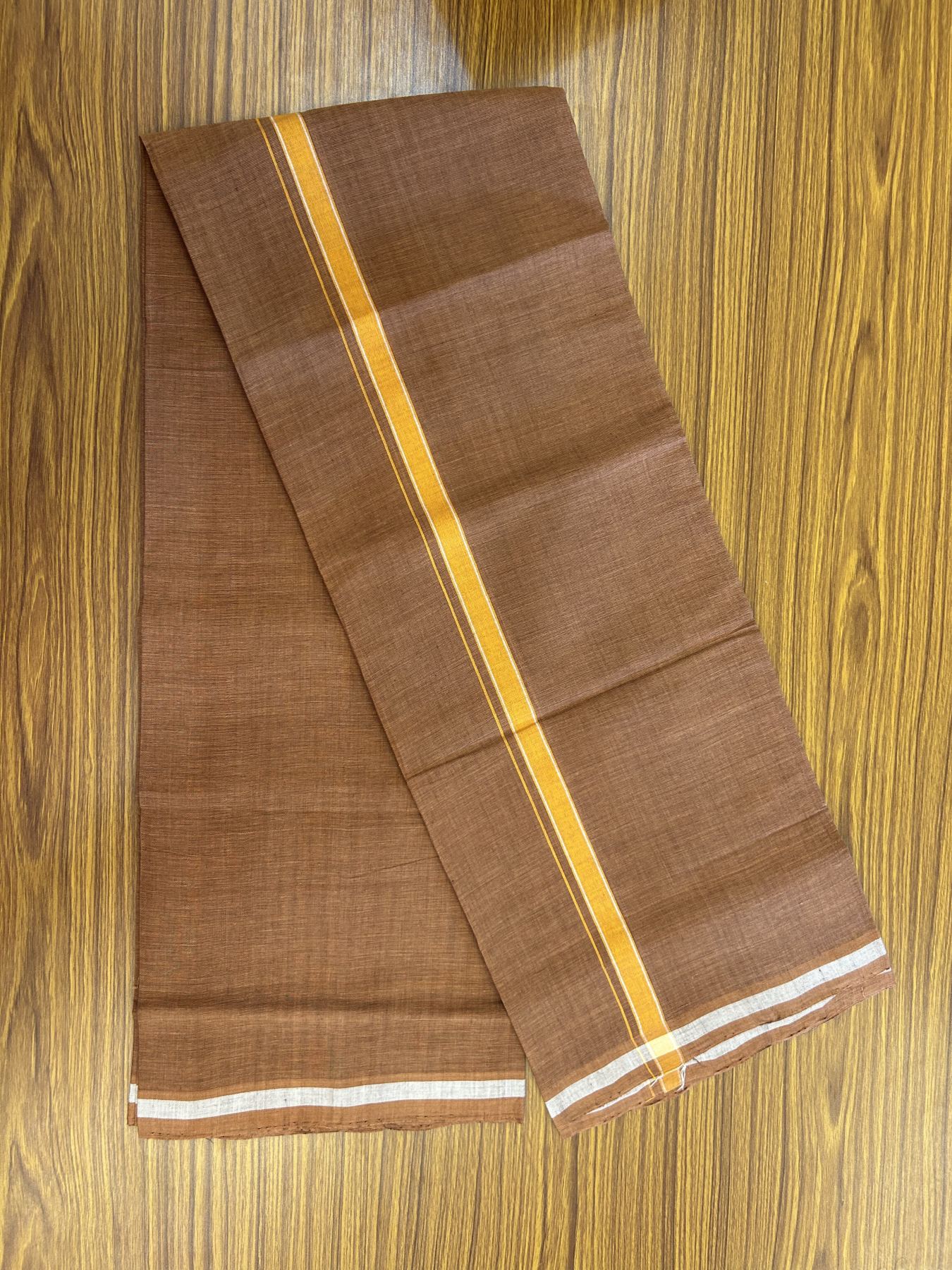 Handloom Single Hallmarked - 10% Discount ! KaithariKada 100% Pure Cotton - Mundu/Dhoti 0.5 inch Light Orange & White Kara with Kavi colour Body - (2 meter / 4 muzham) - 72 KK8044 ELA