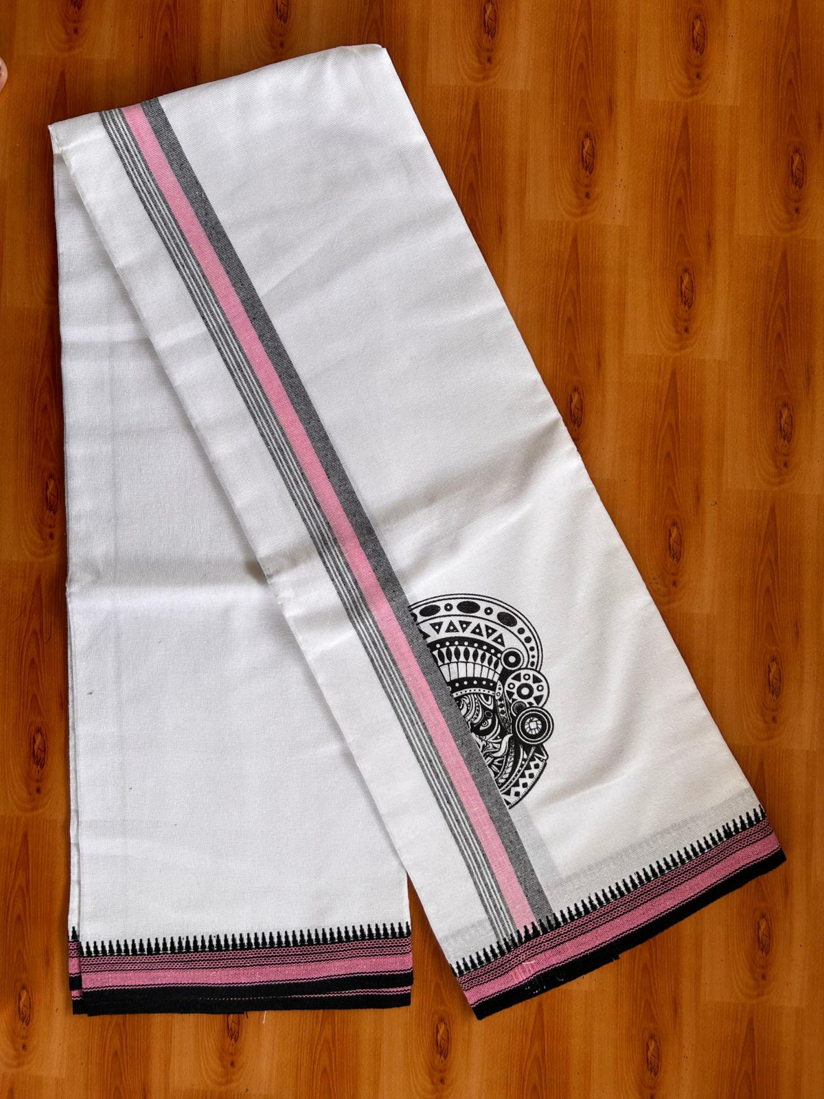 Single White Kaily / Lungi - Kerala Mund Polyster Mixed Cotton - (20s) - 2 inch Pink & Black Stripes Theyyam Printed Kara (2 meter / 4 muzham) - 4 KK8086 KUT