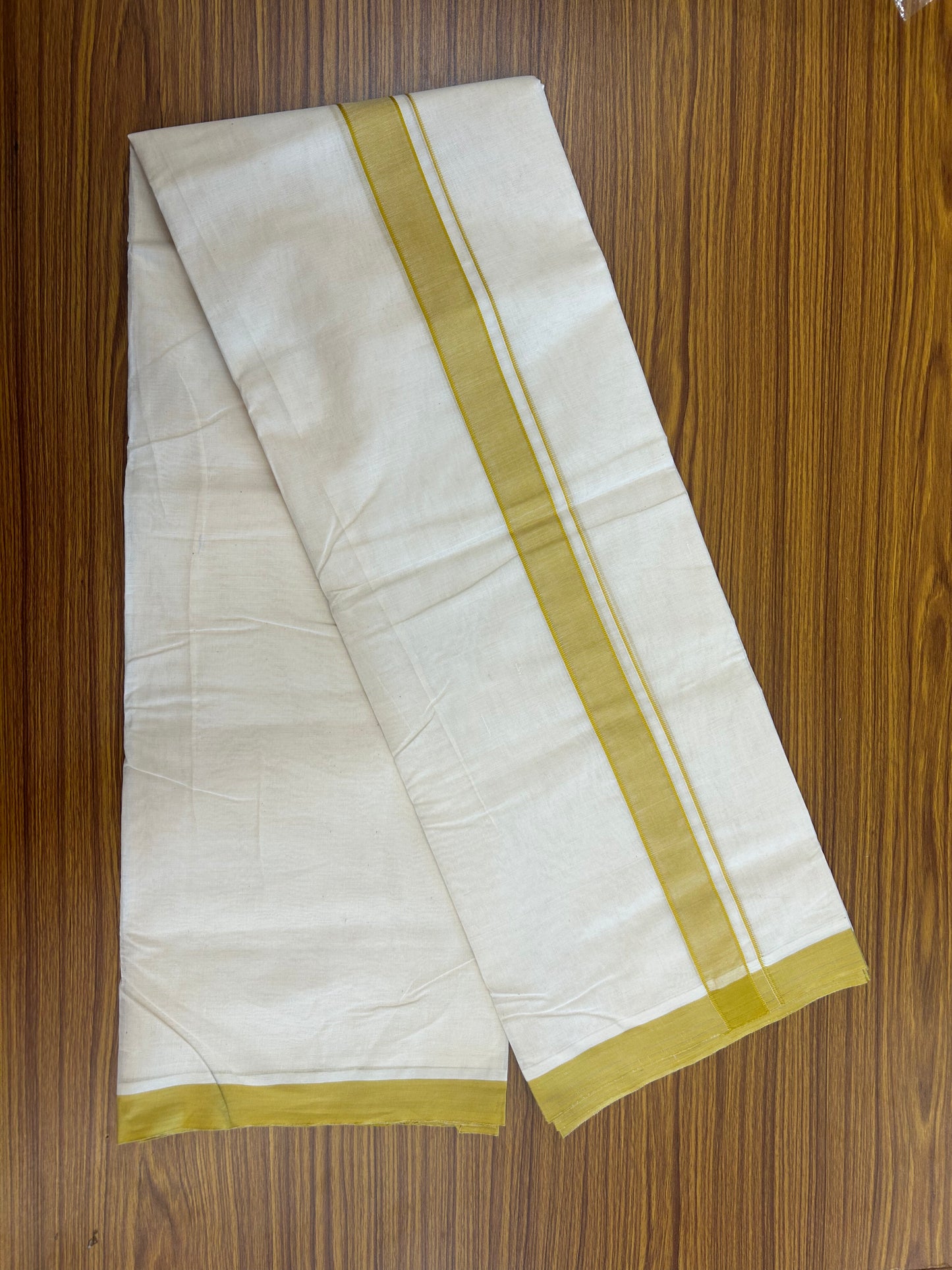 20% Discount KaithariKada Balaramapuram 100% Cotton Double Off white - (Unbleached) - Mundu/Dhoti - 100x80 - 1.25 inch Mustard Yellow Kara - 4 mtr (8.5 Muzham) - 6 KK5346 ASH