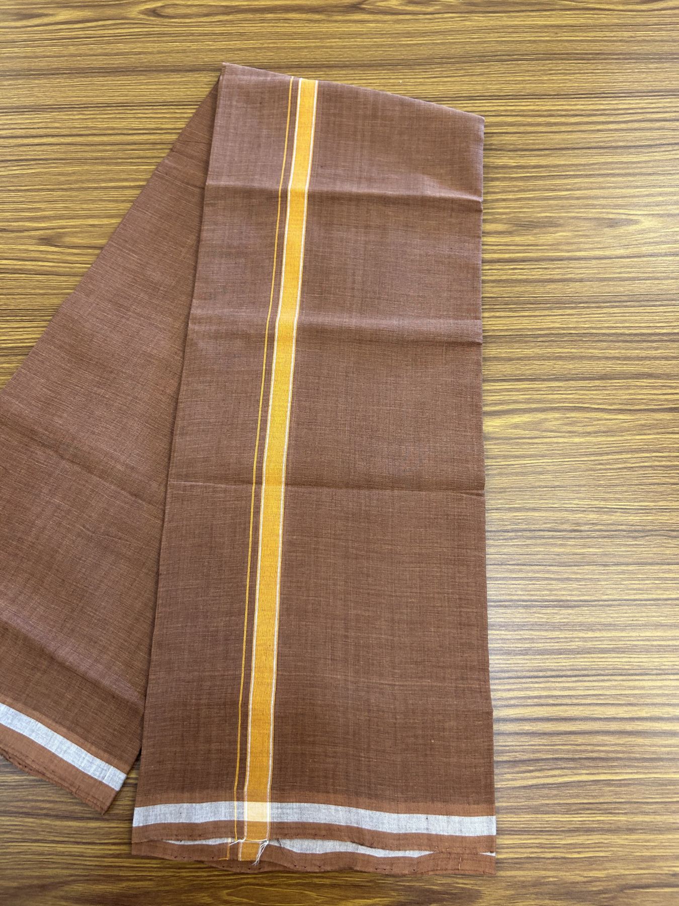 Handloom Single Hallmarked - 10% Discount ! KaithariKada 100% Pure Cotton - Mundu/Dhoti 0.5 inch Light Orange & White Kara with Kavi colour Body - (2 meter / 4 muzham) - 72 KK8044 ELA