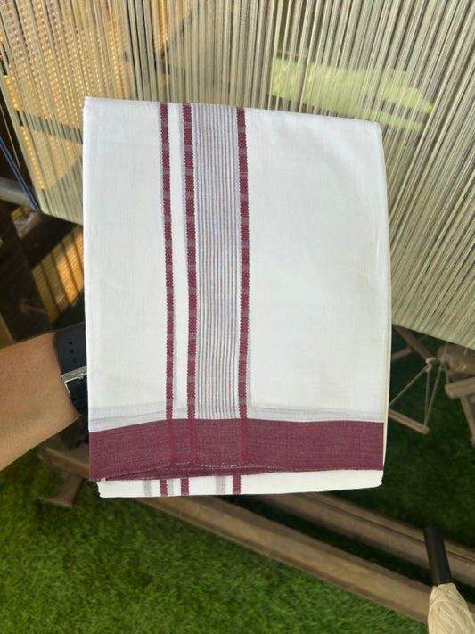 20% DISCOUNT!! KaithariKada Balaramapuram 100% Cotton PURE WHITE Double Mundu/Dhoti - 100x80 - 1.5 inch Wine Purple striped Design kara - 14KK5109THI
