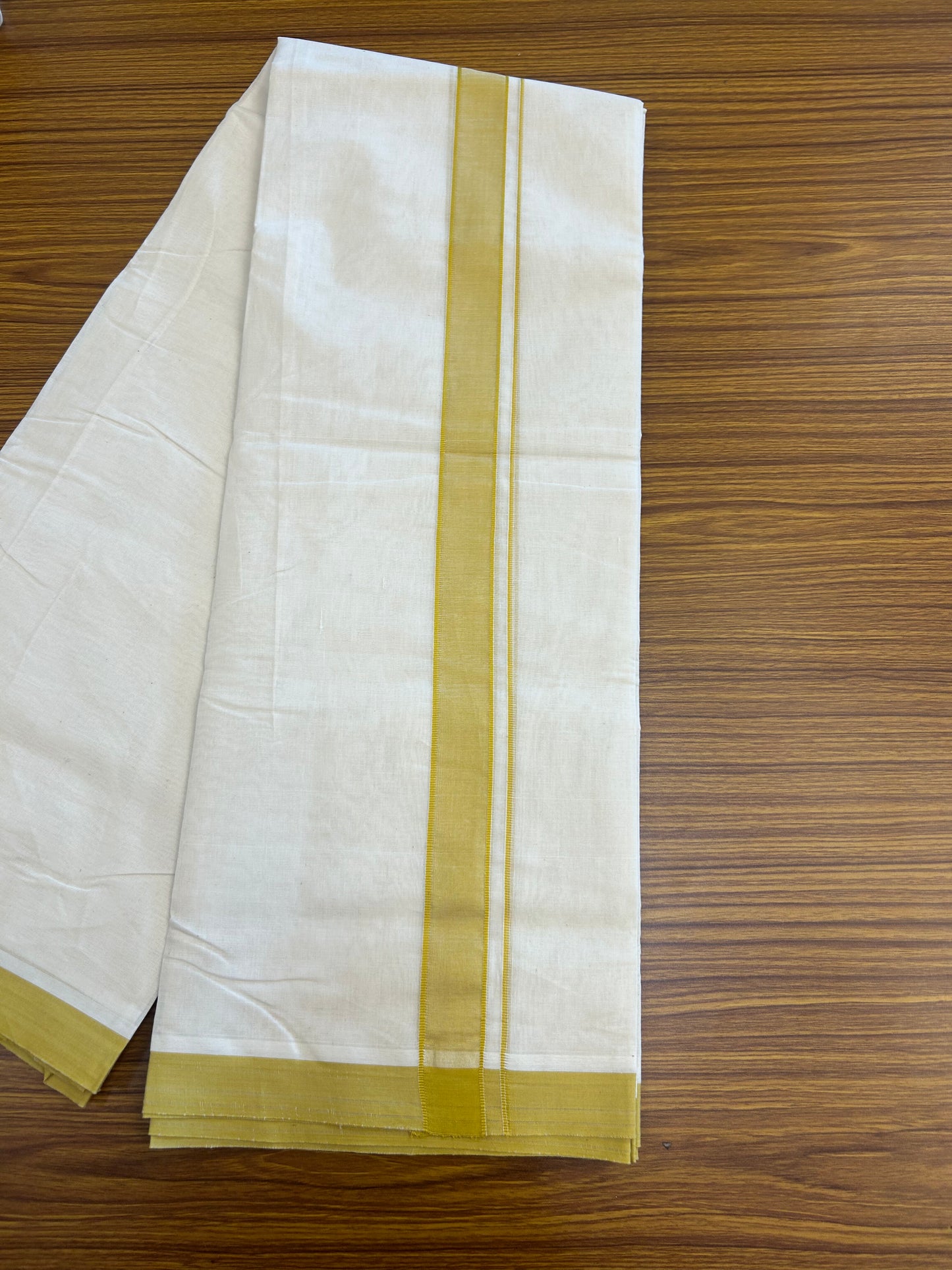 20% Discount KaithariKada Balaramapuram 100% Cotton Double Off white - (Unbleached) - Mundu/Dhoti - 100x80 - 1.25 inch Mustard Yellow Kara - 4 mtr (8.5 Muzham) - 6 KK5346 ASH