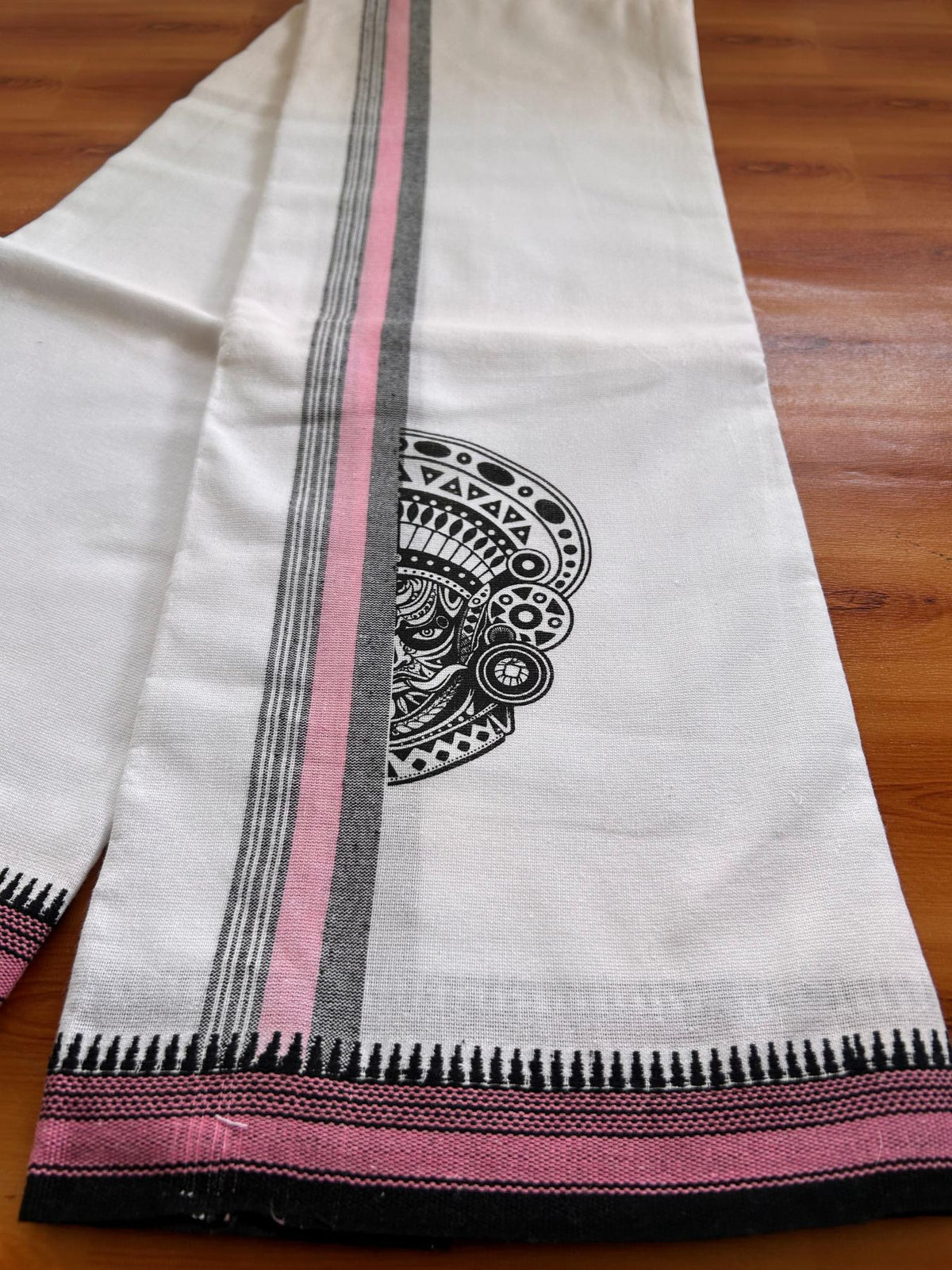 Single White Kaily / Lungi - Kerala Mund Polyster Mixed Cotton - (20s) - 2 inch Pink & Black Stripes Theyyam Printed Kara (2 meter / 4 muzham) - 4 KK8086 KUT