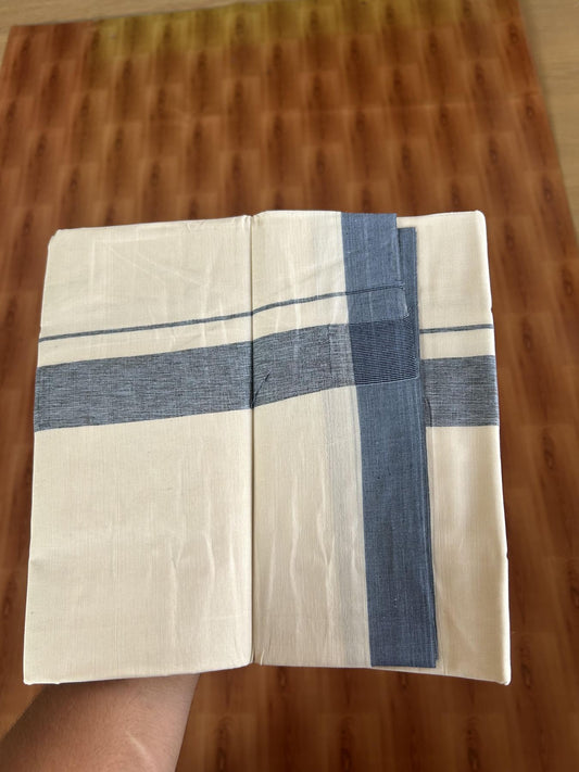 20% Discount ! KaithariKada Balaramapuram 100% Cotton Double Off White (Unbleached) - Mundu / Dhoti- 100x80 -  1.5 inch Black & Denim Blue Shaded Kara 4 mtr (8.5 Muzham) - 55 KK5382 VIN