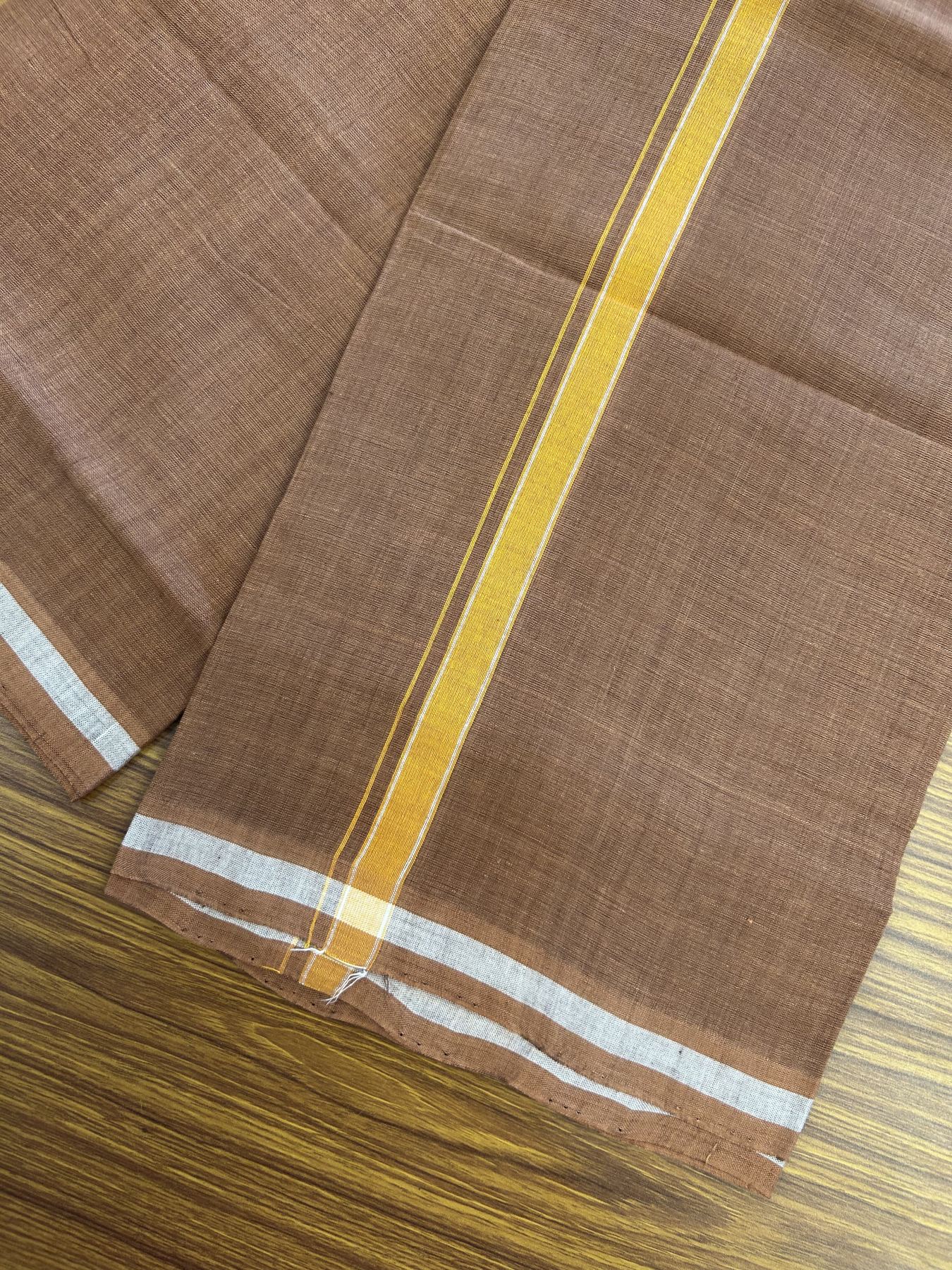 Handloom Single Hallmarked - 10% Discount ! KaithariKada 100% Pure Cotton - Mundu/Dhoti 0.5 inch Light Orange & White Kara with Kavi colour Body - (2 meter / 4 muzham) - 72 KK8044 ELA