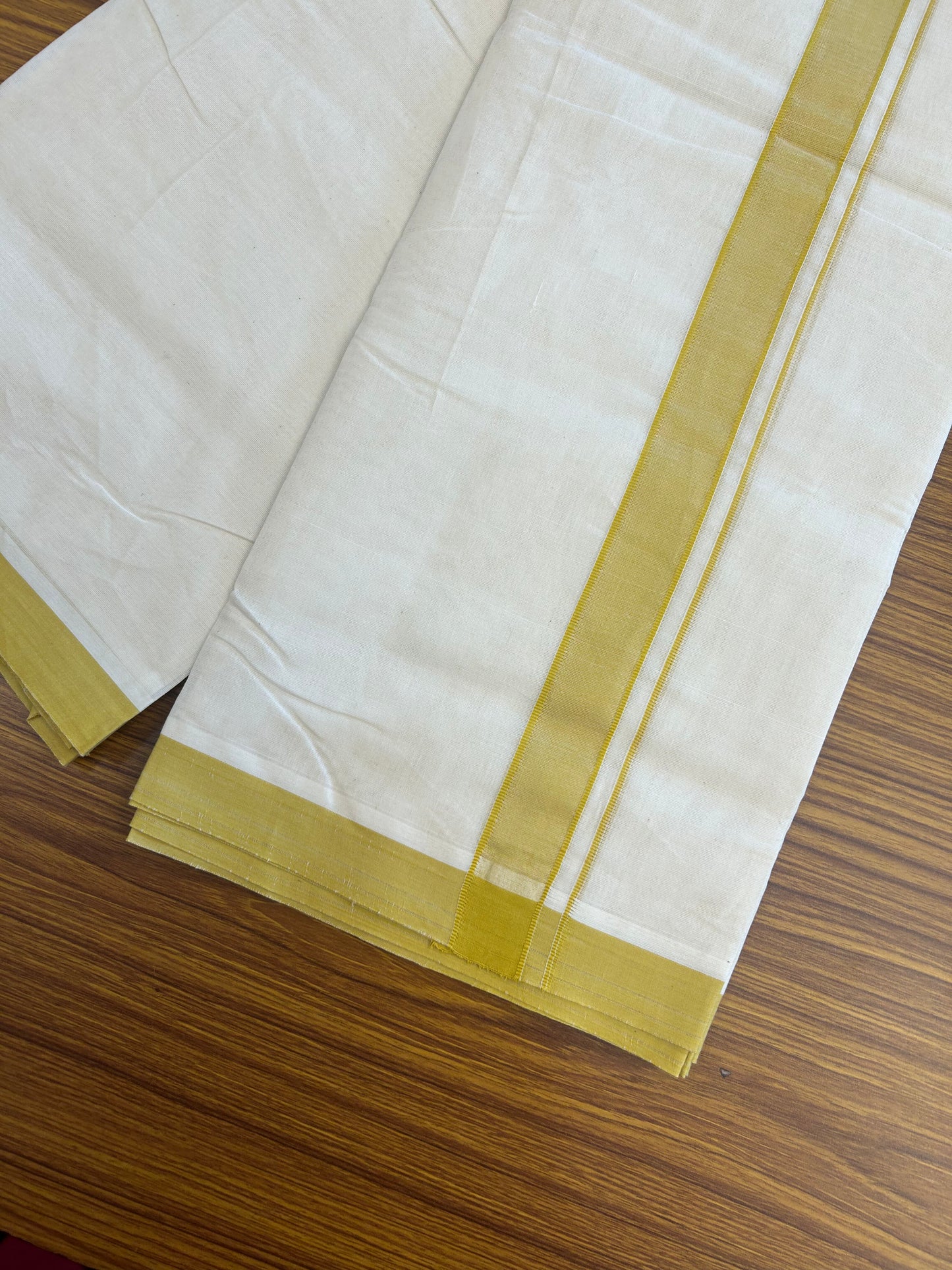20% Discount KaithariKada Balaramapuram 100% Cotton Double Off white - (Unbleached) - Mundu/Dhoti - 100x80 - 1.25 inch Mustard Yellow Kara - 4 mtr (8.5 Muzham) - 6 KK5346 ASH